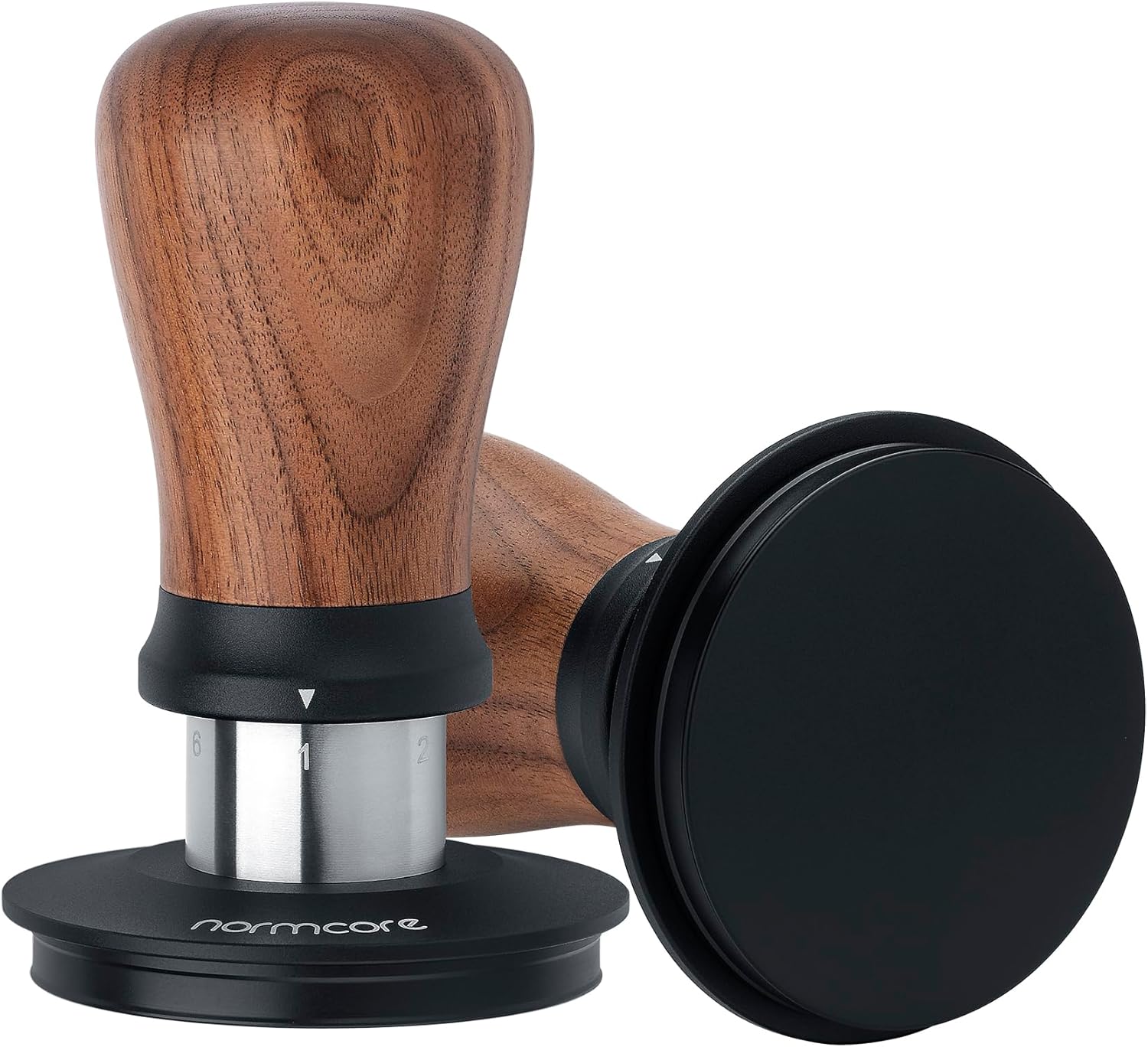 Normcore 58.5mm Espresso Tamper V5 - Spring-Loaded Coffee Tamper with 6 Adjustable Pressure Settings, Tri-Spring Technology, Titanium PVD Flat Base, Walnut Handle and Silicone Stand