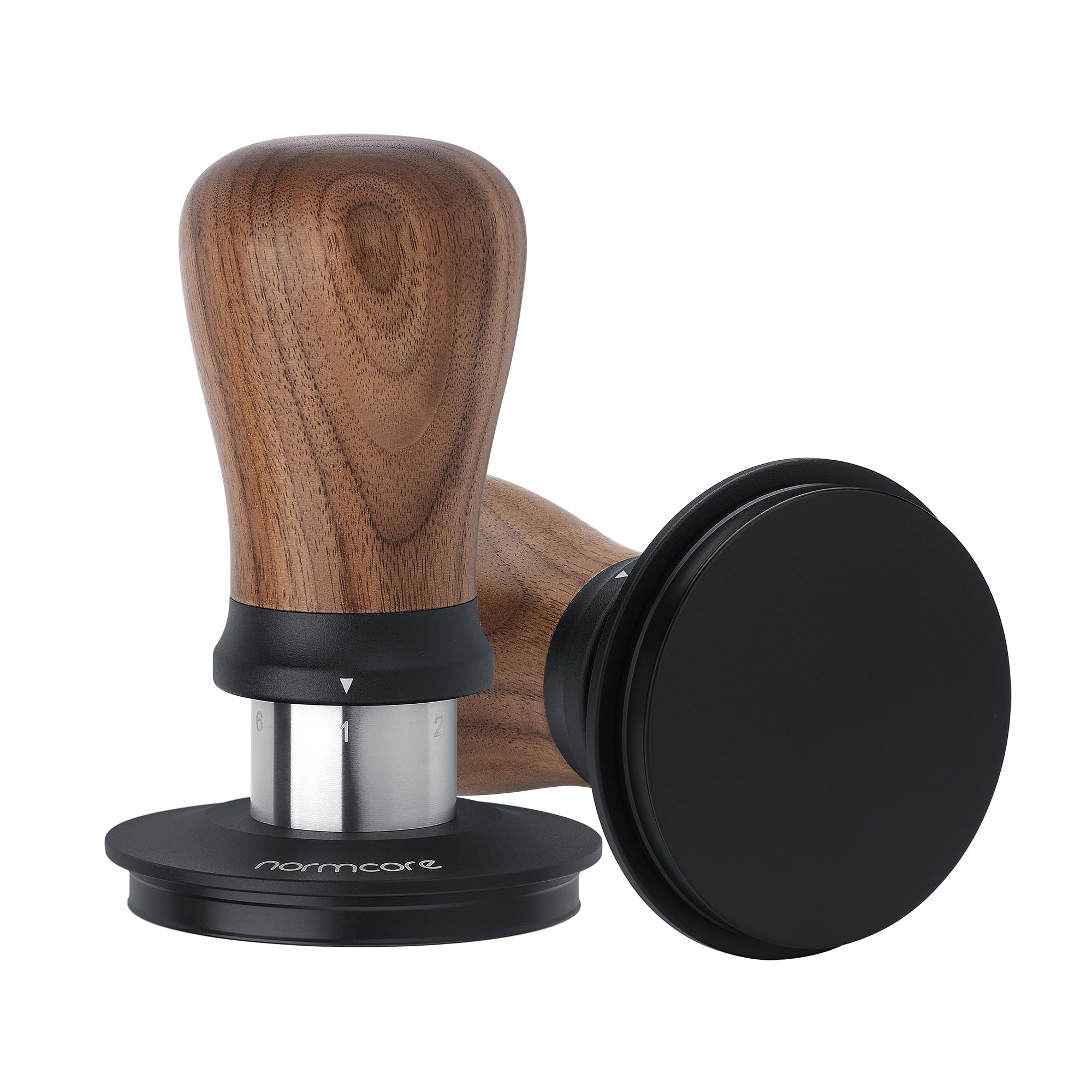 Normcore 58.5mm Espresso Tamper V5 - Spring-Loaded Coffee Tamper with 6 Adjustable Pressure Settings, Tri-Spring Technology, Titanium PVD Flat Base, Walnut Handle and Silicone Stand