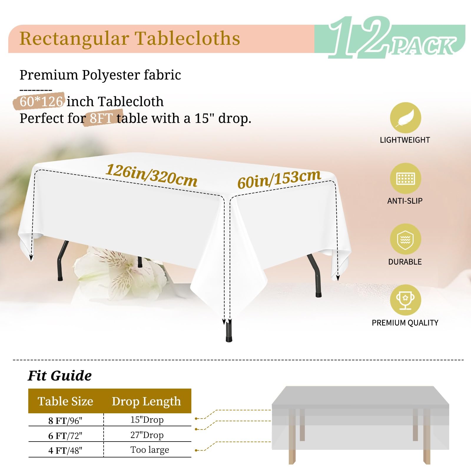 Teruntrue 12 Pezzi Tovaglie Bianche Rettangolari 153 x 320 cm, Tovaglie Bianche in Poliestere per Tavolo da 8 Piedi, Tovaglia Rettangolare Lavabile per Feste Matrimoni Buffet Campeggio Ristorante