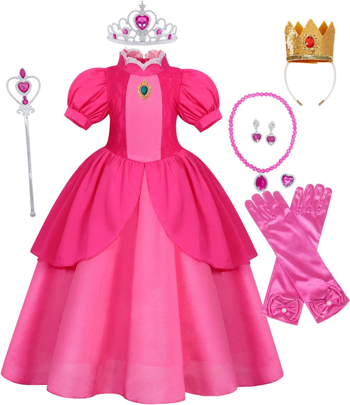Jurebecia Super Brothers Princess Peach Costume for Girls Puff Sleeve Dress Kids Halloween Cosplay Birhday Party Dress Up