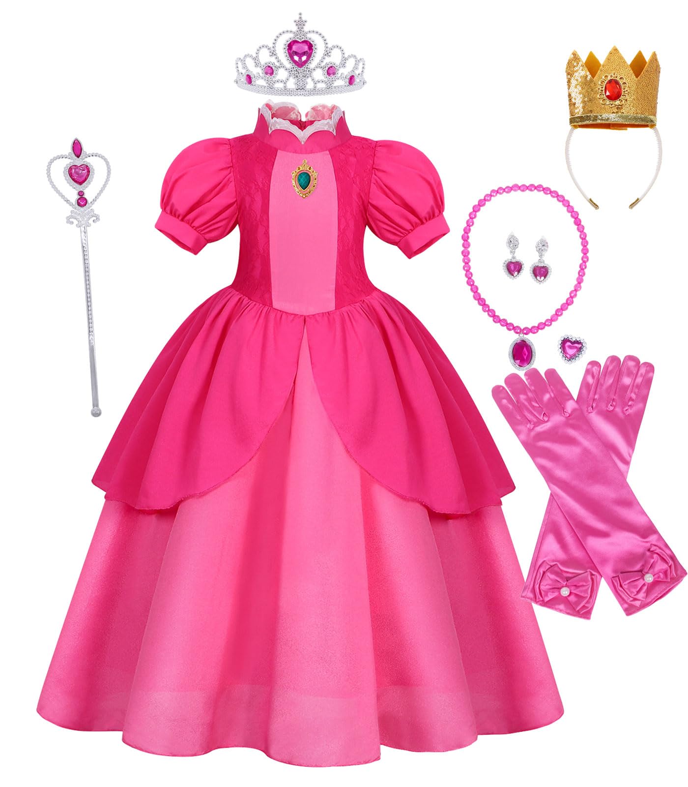 Jurebecia Super Brothers Princess Peach Costume for Girls Puff Sleeve Dress Kids Halloween Cosplay Birhday Party Dress Up