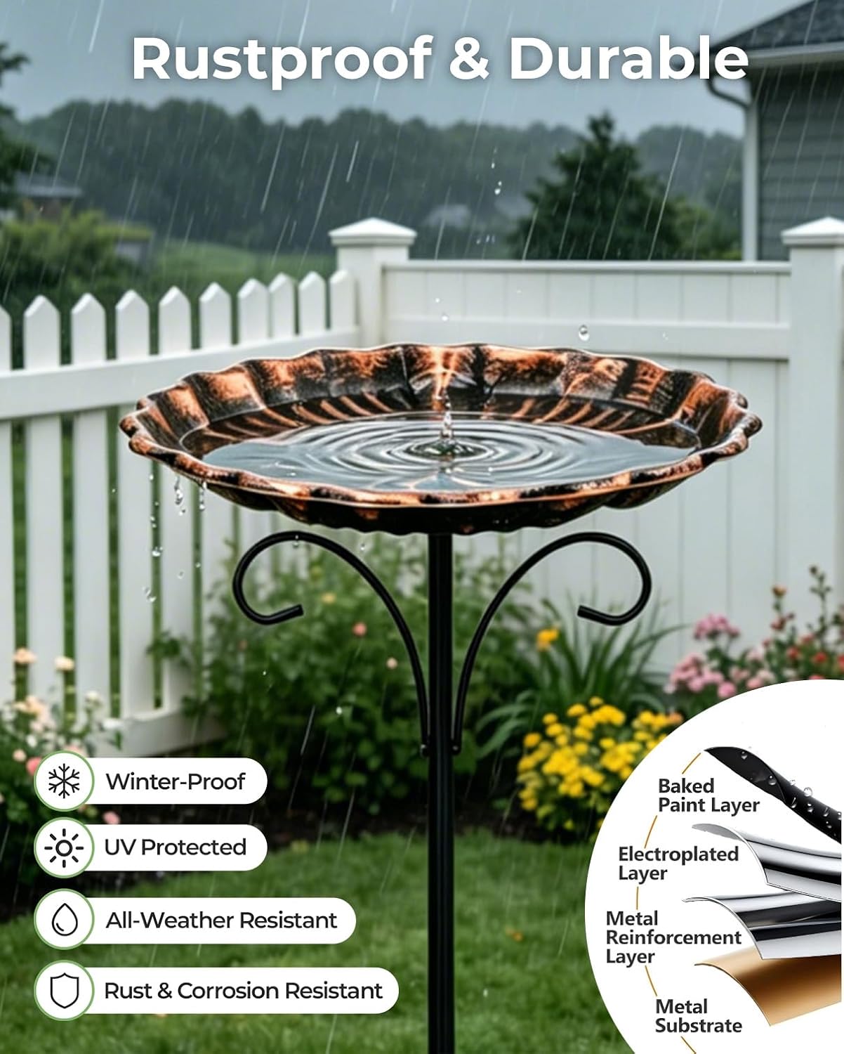10" Small Metal Bird Bath with Stake - Vintage Copper Embossed Bowl for Garden & Lawn | 30" H Outdoor Birdbath for Backyard, Flower Bed or Pollinator Garden Yard Decor