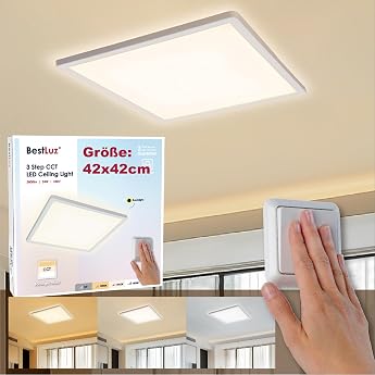 BestLuz Three-Level CCT Ceiling Light 42 x 42 cm 3000K/4000K/6500K 24W 2800LM IP44 with Backlight Effect - Flat LED Panel for Living Room Bedroom Kitchen Bathroom Ultra Thin