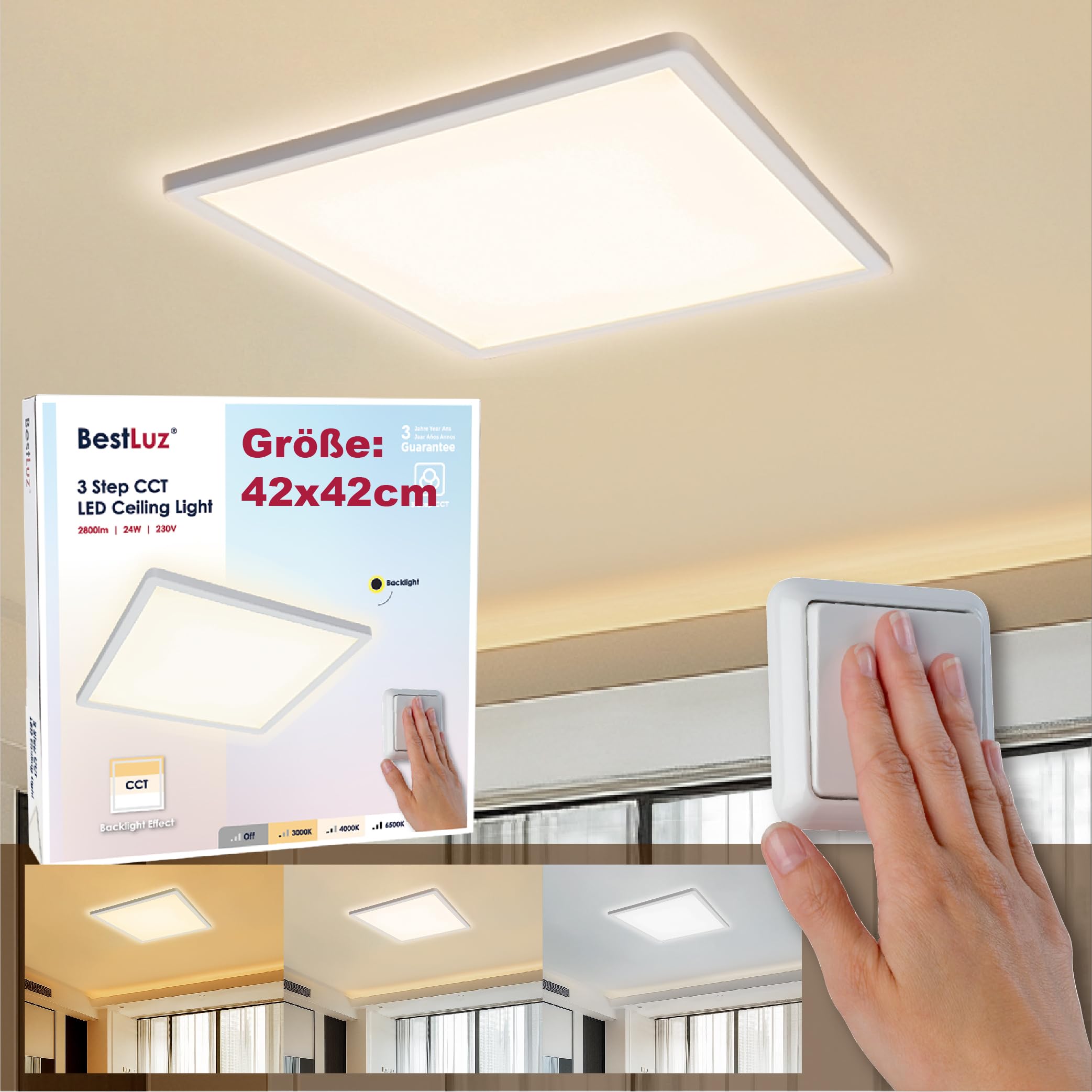 MOONSEA LED Deckenleuchte 24W Quadrat 30cm | 3 Farbtemperaturen 3000K/4000K/6500K | IP40 Für Bad & Küche