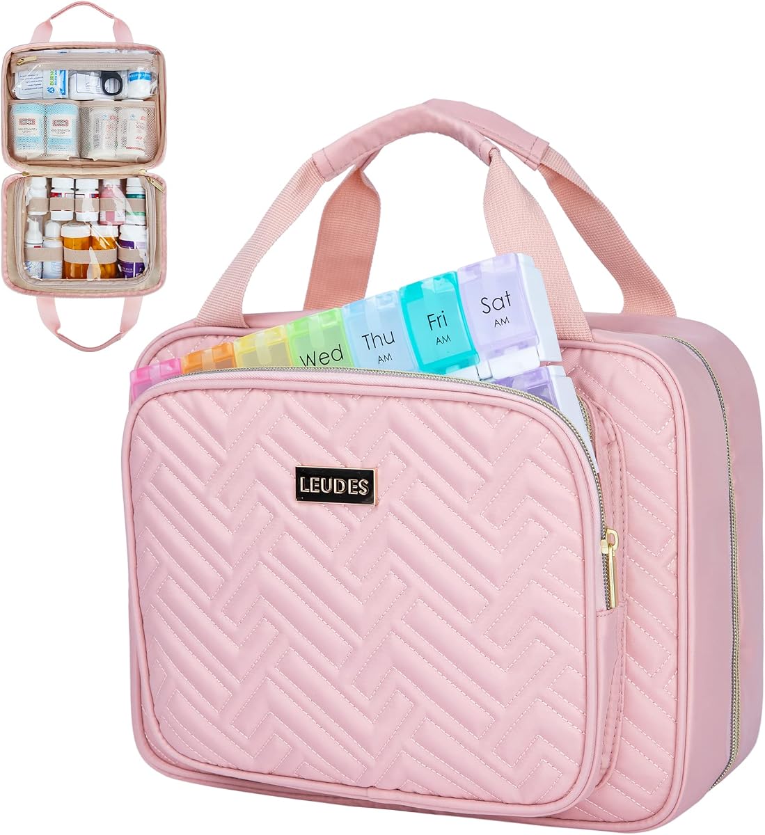Leudes Travel Medicine Bag with Lockable Zipper for Pill Bottle Organizer | Portable Pill Travel Case with PVC Pocket for Vitamin,Fish Oil Empty Medication Bag for College Dorm Student,Home,First Aid