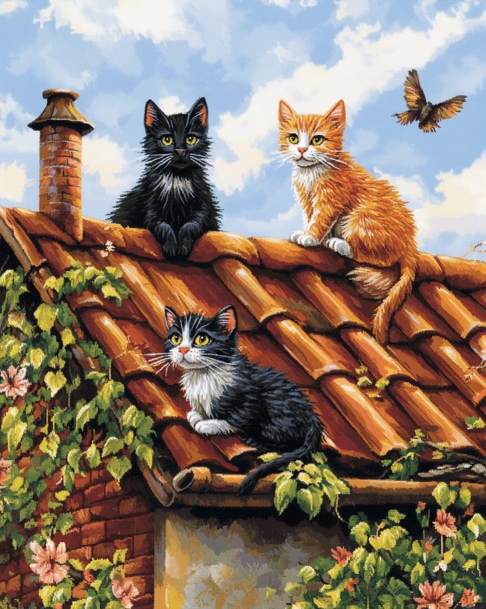 WallustrioaW Embroidery Cross Stitch Kits for Beginners,Cat on the Eaves,Stamped Embroidery 11CT Needlework Kit DIY Artwork for Adults Girls Wall Decor,16x20in