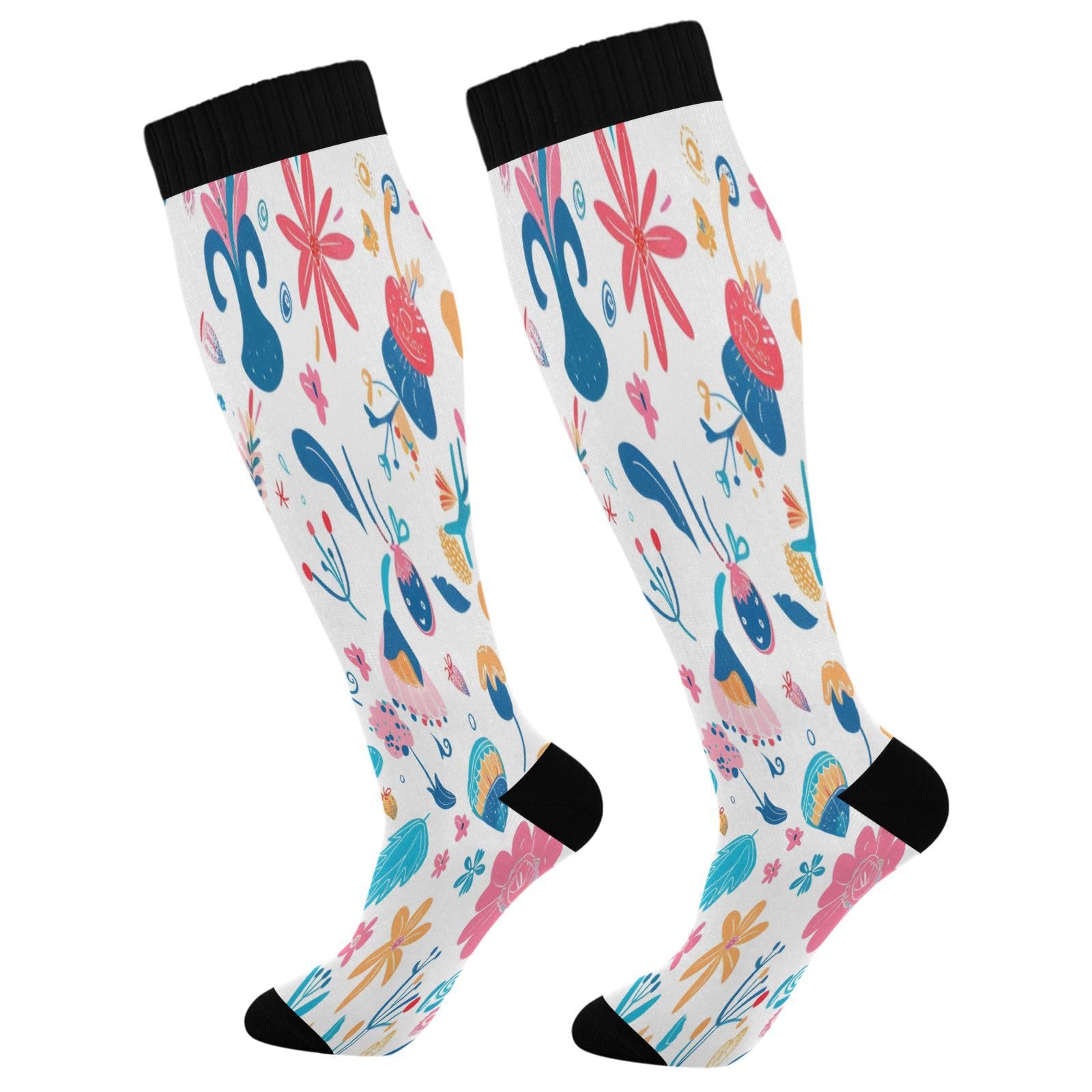 CEBUGI Small Flower Compression Long Socks Women Men Knee High Running Socks for Sports Hiking Travel,2 pair