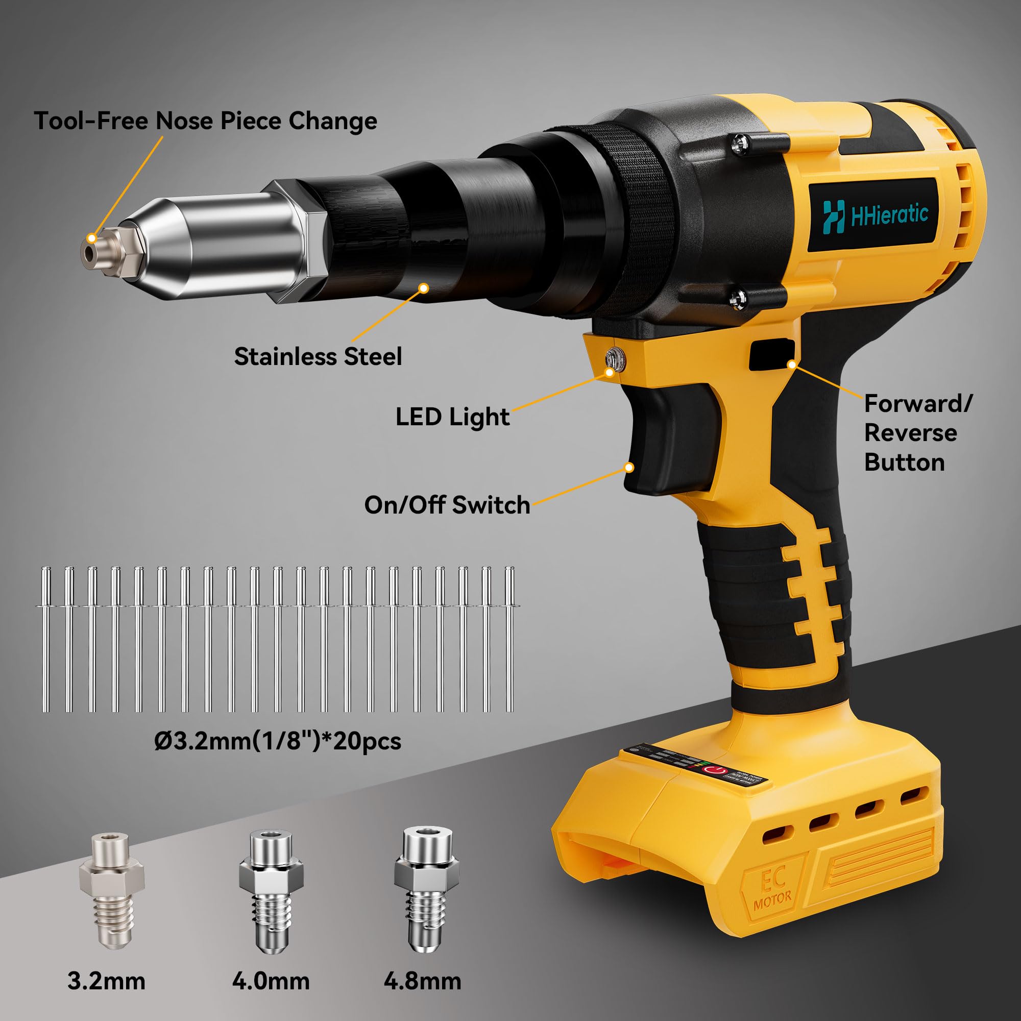 Kit di strumenti per dadi rivetti senza fili compatibile con batteria Dewalt da 20 V (solo strumento), pistola per rivetti senza spazzole senza fili con 3 dimensioni (1/8", 5/32", 3/16") Rivetti e