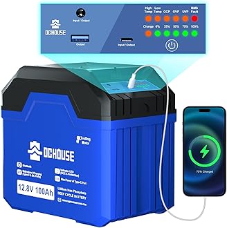 DC HOUSE 12V 100Ah Portable Lithium Battery, Upgraded 3.0 Lifepo4 Battery with SOC Light, Trolling Motor Marine with USB-A, DC Ports, Built-in 100A BMS, Up to 15000 Cycles