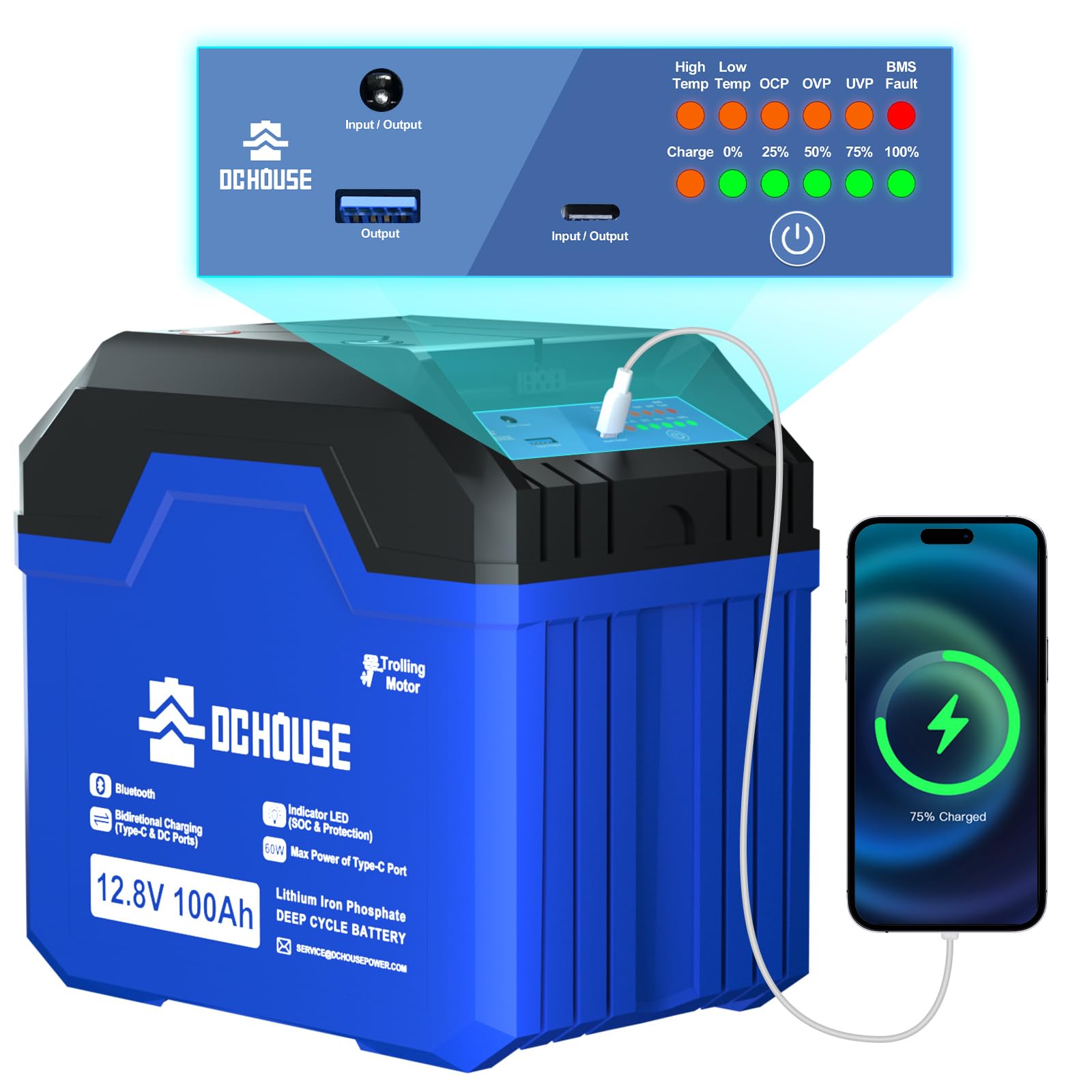 DCHOUSE 12V 100Ah LiFePO4 Battery with 100A BMS Low Temperature Protection, Grade A Lithium Battery Cells with 4000+ Cycles, 1280Wh Lithium Battery for Trolling Motor, Motorhome, Solar, Boat, Off Grid
