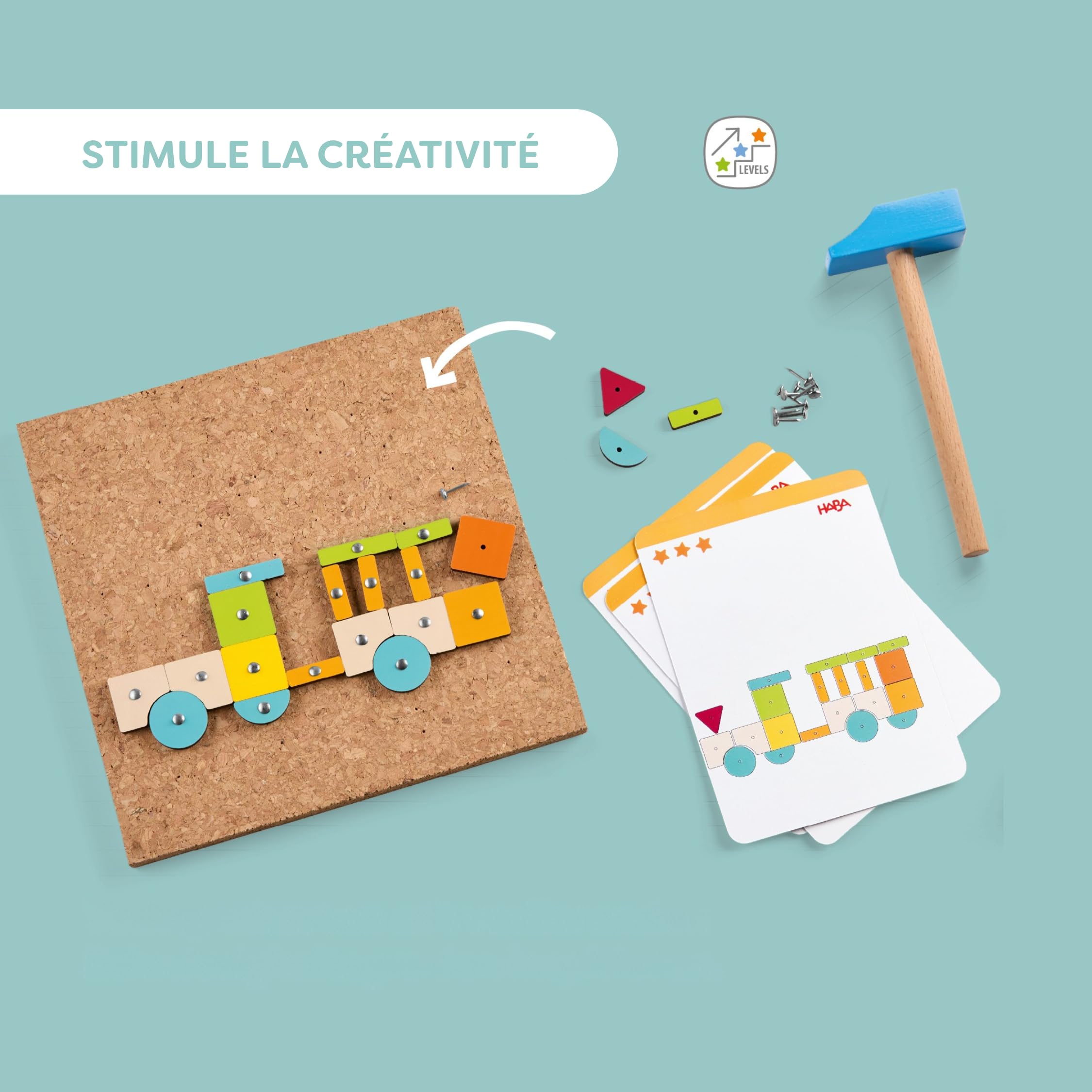 HABA Jeu du Marteau Formes géométriques : Jouet en Bois avec Marteau et Clous pour Enfants dès 3 Ans – Jouet créatif avec Plaque en liège et modèles – 2013791001