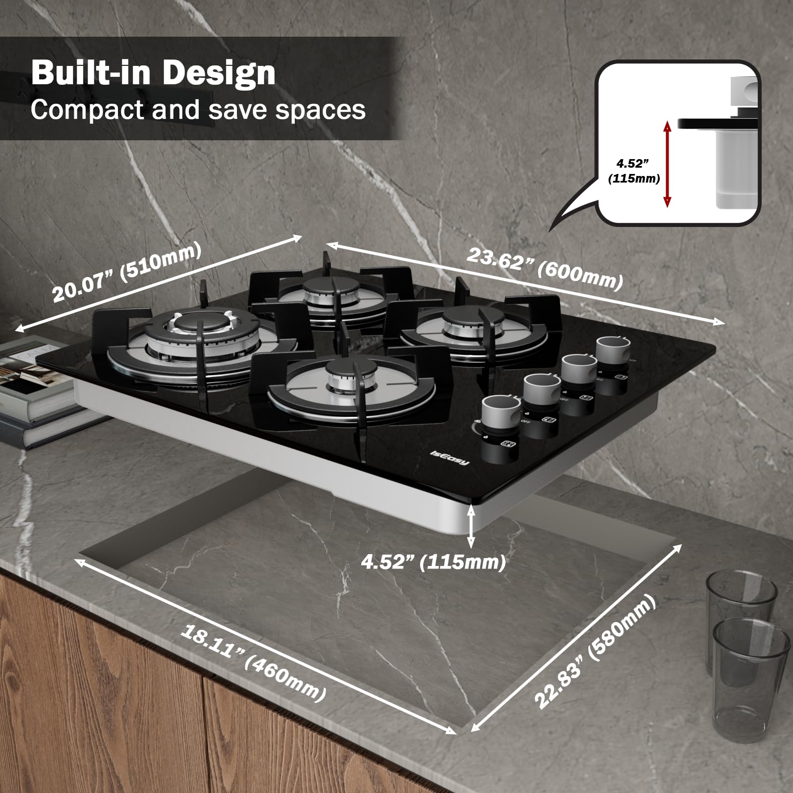 Gas Hob 4 Burners - Glass Hob Black Plug in NG/LPG Gas Hob, 7800W 4 Cooking Areas Built in Glass Cooktop Hob,Thermocouple Protection, Integrated Ignition - 4