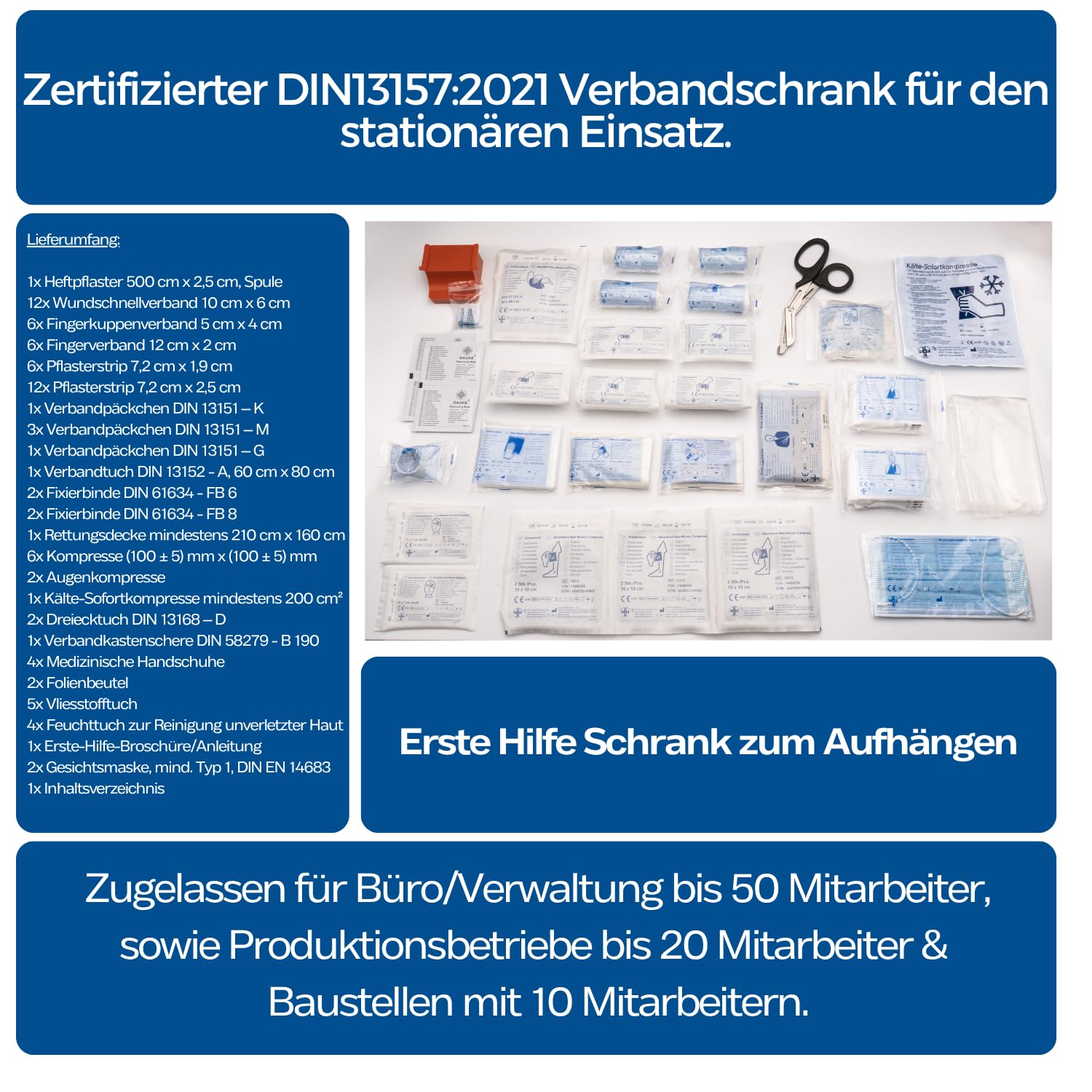 First Aid Products - Erste Hilfe Verbandschrank Kunststoff gefüllt mit DIN 13157, Medizinschrank mit 10 Fächern (4 variabel), Sicherheitsschloss – 45 x 34,5 x 16 cm - robust, kompakt & hängend Wand