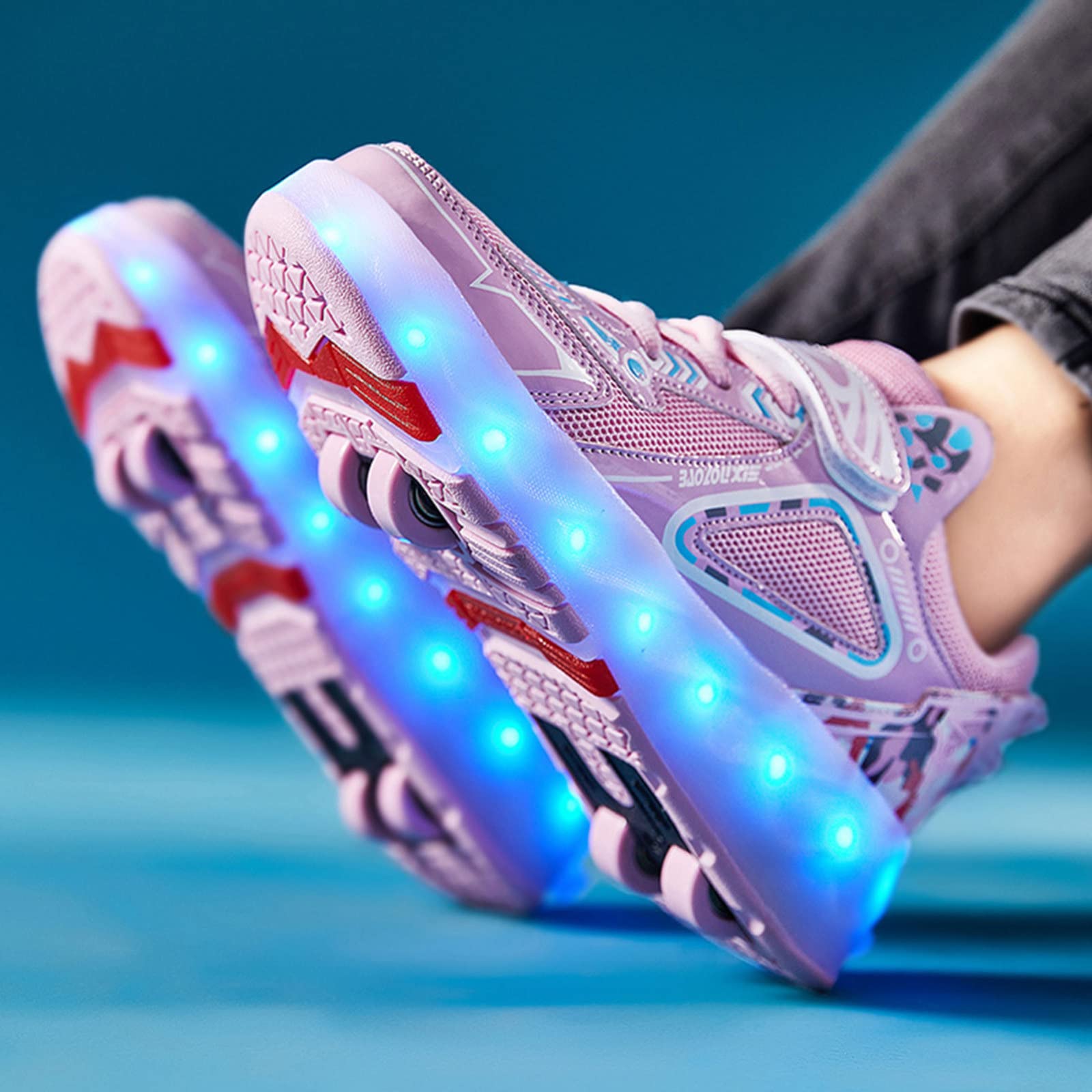 Zapatos de Patines Unisex para Niños Regalo de Niños Niñas Zapatillas LED Luminous Cuatro Ruedas de Doble Fila Zapatillas de Skate Técnicas con Carga USB,Pink-39EU