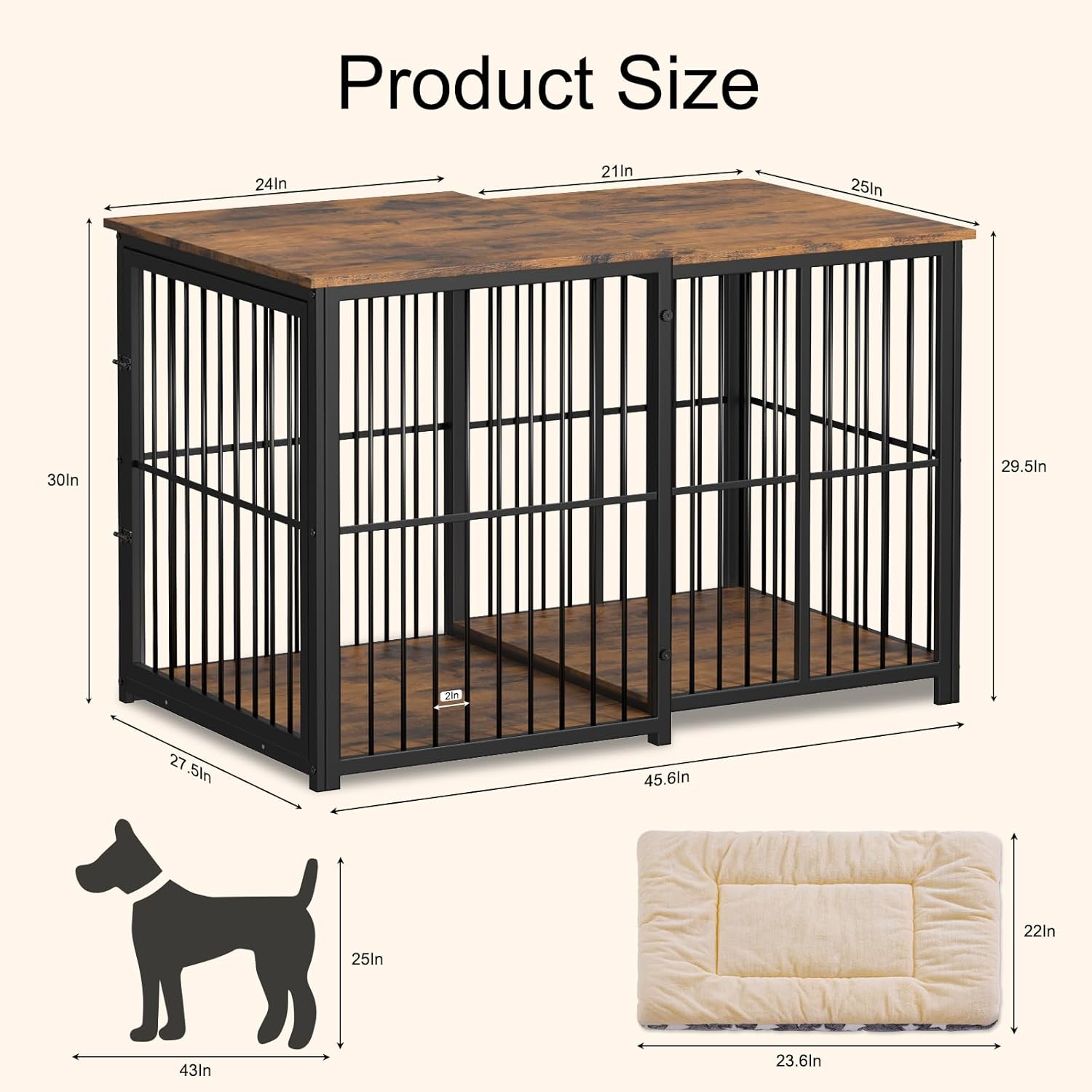 Erinnyees 45.6" Dog Crate Furniture, Wooden Dog Kennel with Retractable Design for Small Medium Large Dogs, Heavy-Duty Side Table Style Indoor Dog Cage with Cushion, 24–45.6 Inch