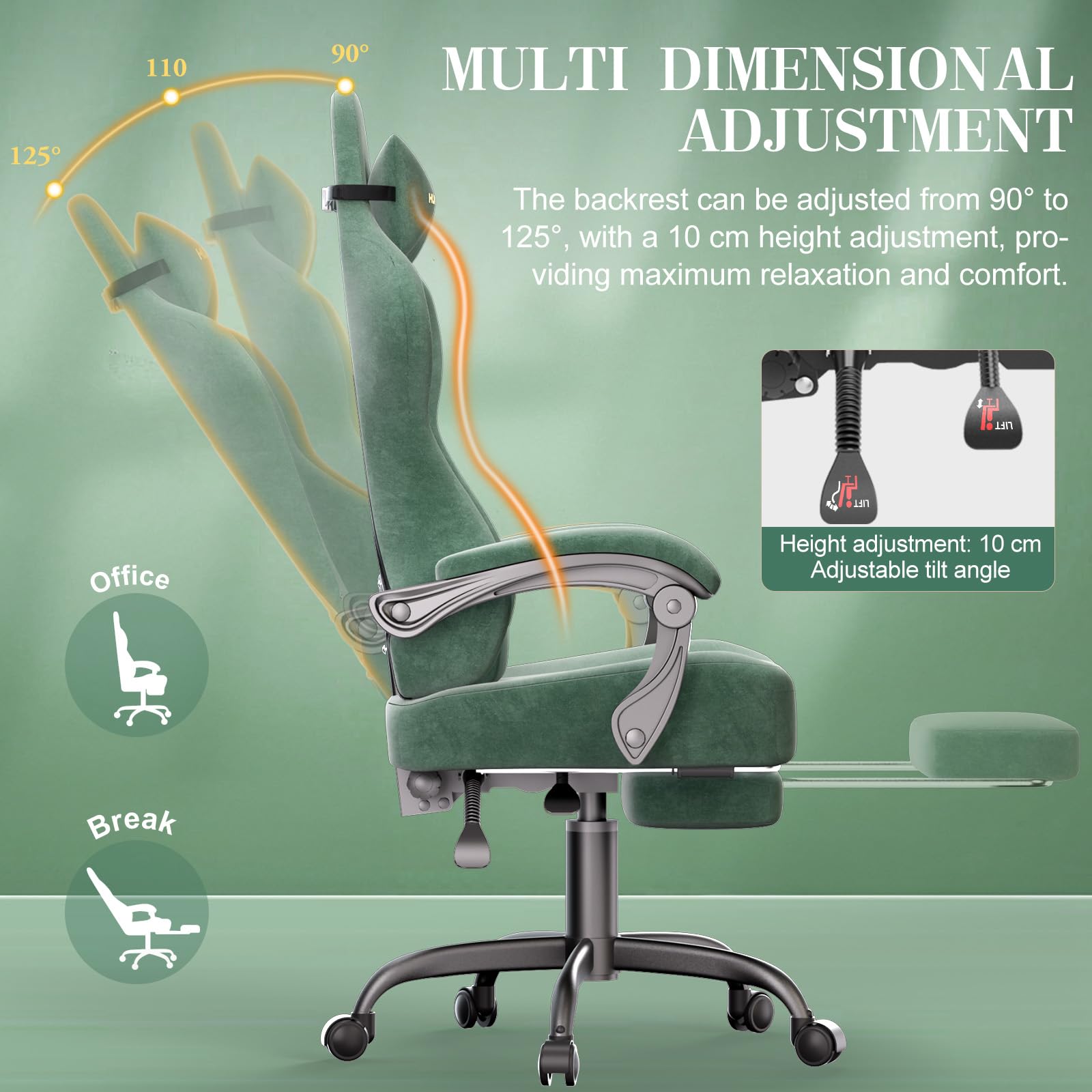 Verdego Chaise Gaming Ergonomique, Fauteuil Gaming avec Support Lombaire Massante, Repose-Pieds Télescopique, Appui-Tête, Tissu Velours, Inclinable 125°, Chaise Gamer Réglable en Hauteur (Vert)