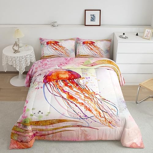 Erosebridal Juego de edredón de medusas, relleno de edredón de flores de cerezo rosa para niñas y niños, juegos de ropa de cama de medusas 3D ombré,