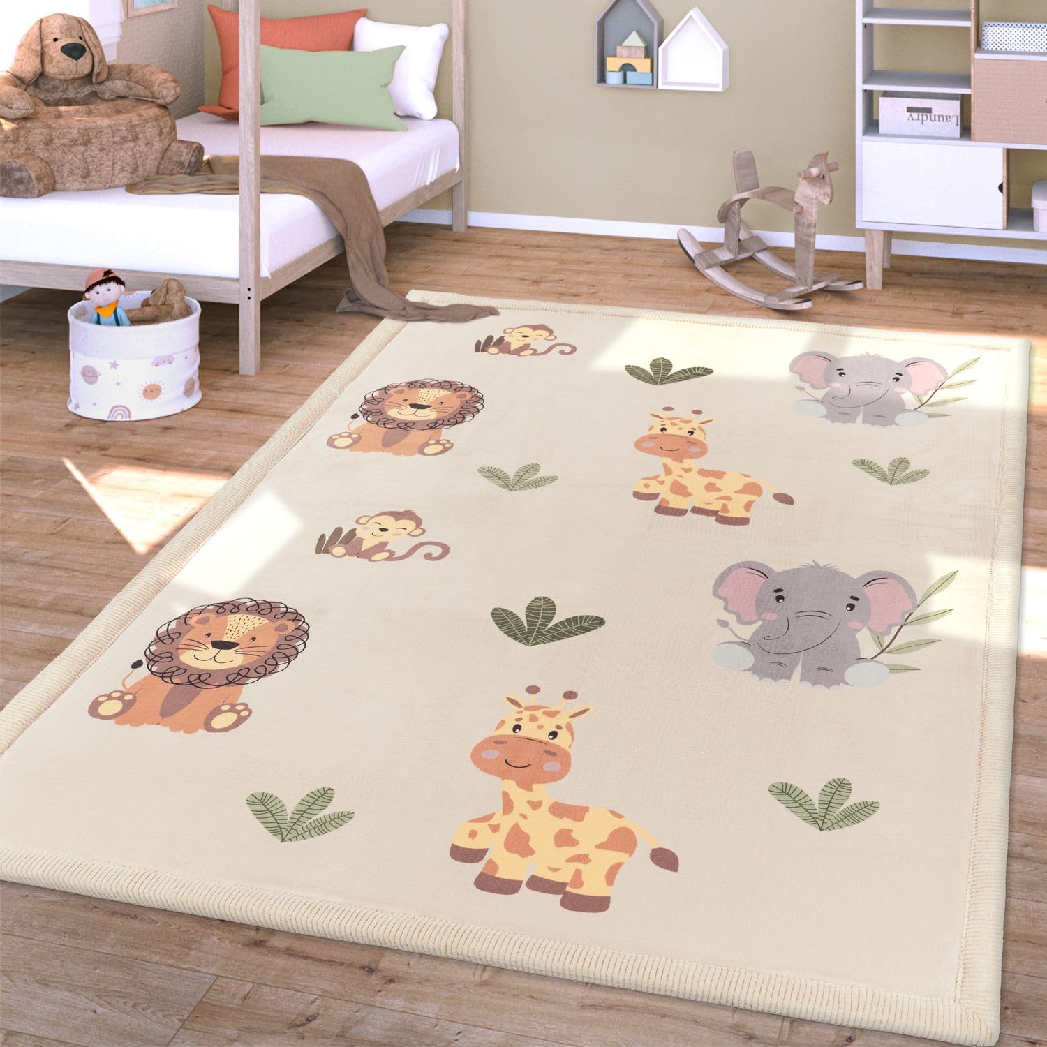 TT Home Waschbarer Teppich Krabbelmatte Babyzimmer Kinder rutschfest Flauschig Punkte, Farbe:Grün Beige Gelb, Größe:80x150 cm