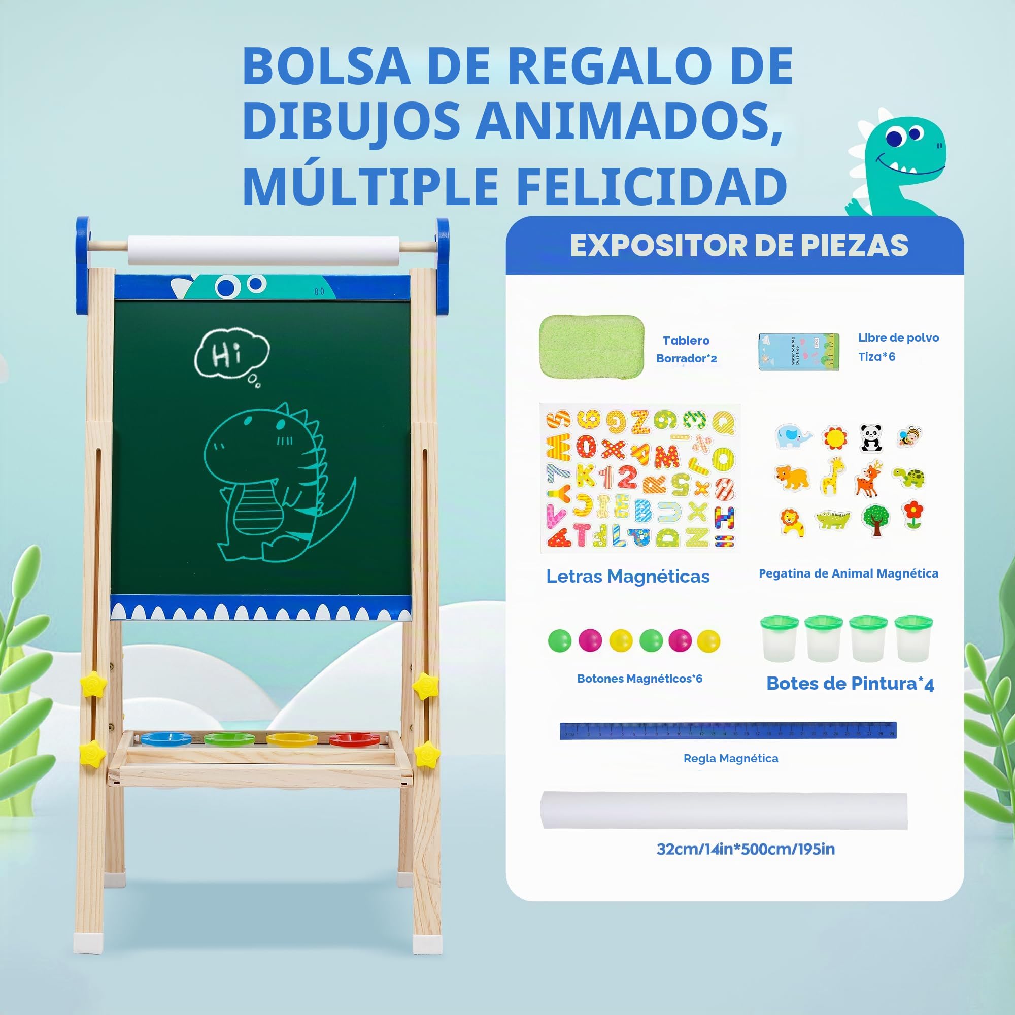 Caballete Pintura niños, Pizarra de Dibujo de Doble Cara de Madera Plegable, Caballete de Arte de Altura Ajustable con Números, Pergaminos y Otros Accesorios, edades 2-15 (Dinosaurios)