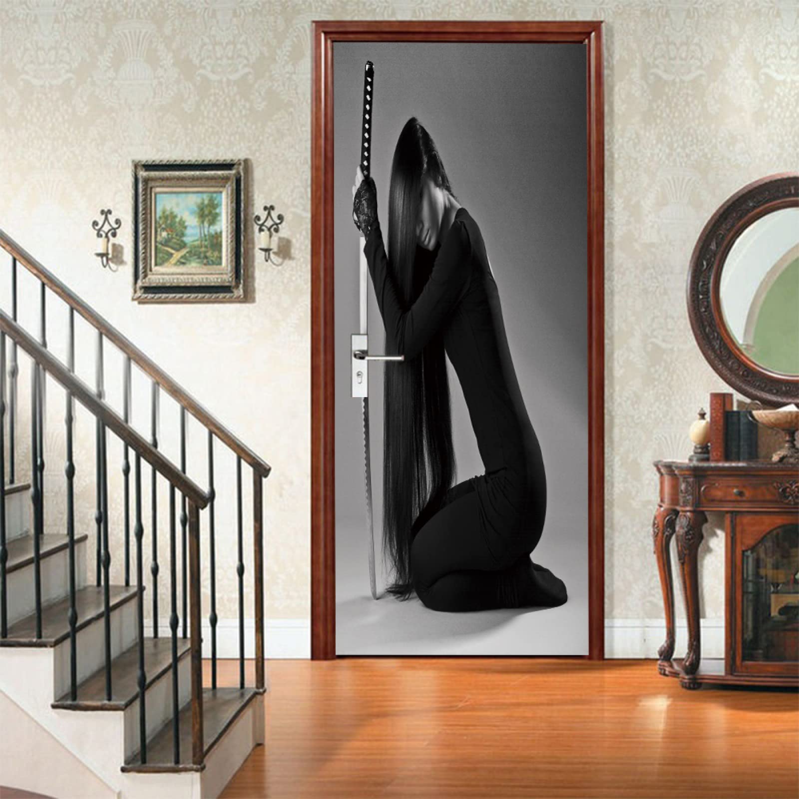 Sticker Porte 3D Effet Trompe-l'œil Samouraï - 83x204 Cm, Vinyle Auto-adhésif - Déco Murale Originale