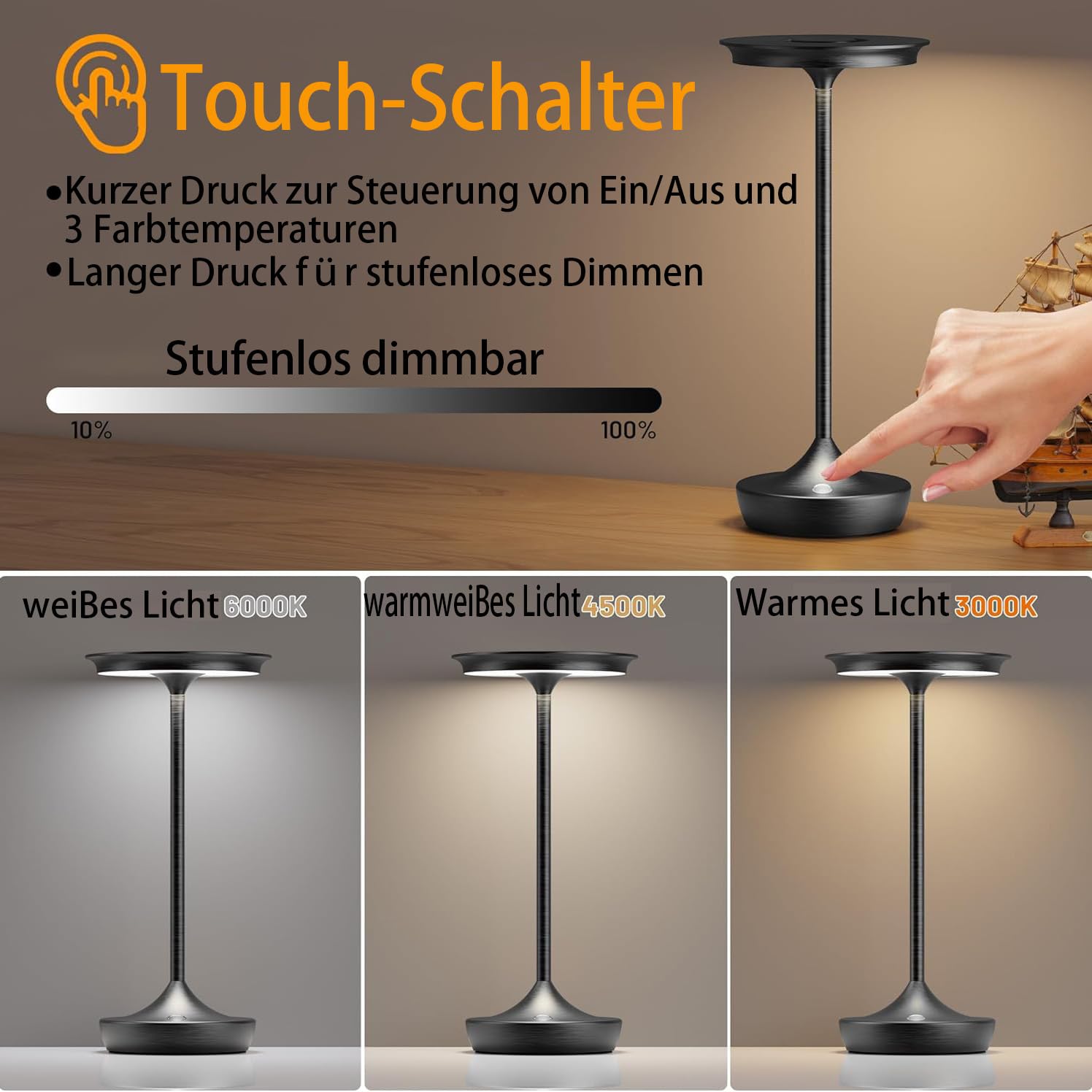 Tischlampe Kabellos IP54 Led Outdoor Lampe 6000mAh Akku Camping Schreibtischlampe Aufladbar Nachttischlampe Touch Dimmbar in 3 Farben Tischleuchte für Innen/Außen (2-Schwarz)