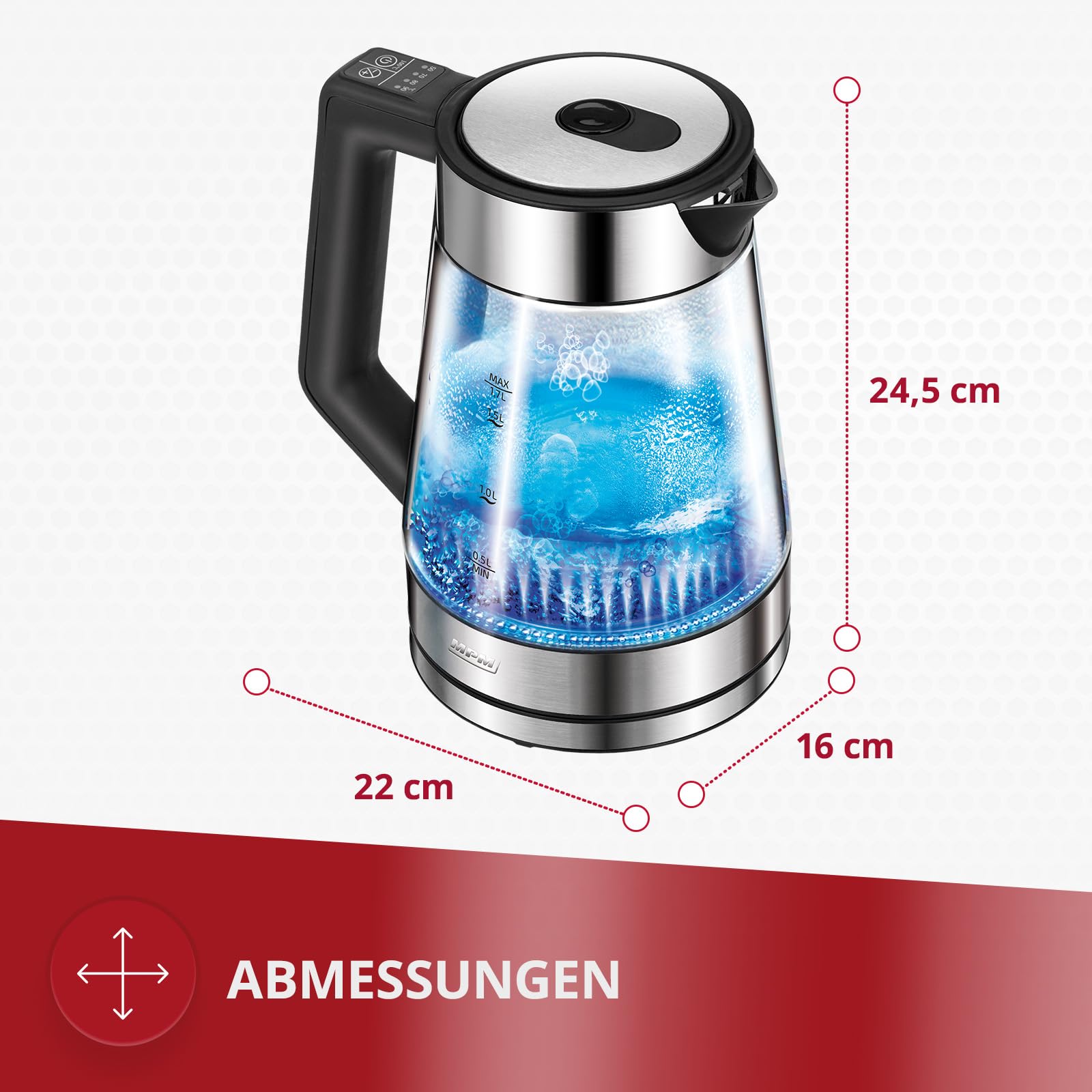 MPM MCZ-116 - Hervidor de agua con iluminación LED 2200 W, ajuste de temperatura 50-100 °C, carcasa de vidrio y acero inoxidable, función de mantenimiento caliente