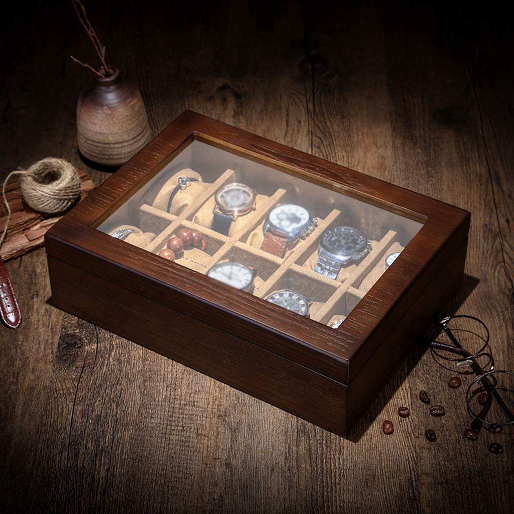 MUSUMI Caja de reloj de Madera con 10 ranuras Caja de almacenamiento de exhibición de joyería con tapa de vidrio y caja de Regalo de almohada de almacenamiento extraíble para Hombres y Mujeres