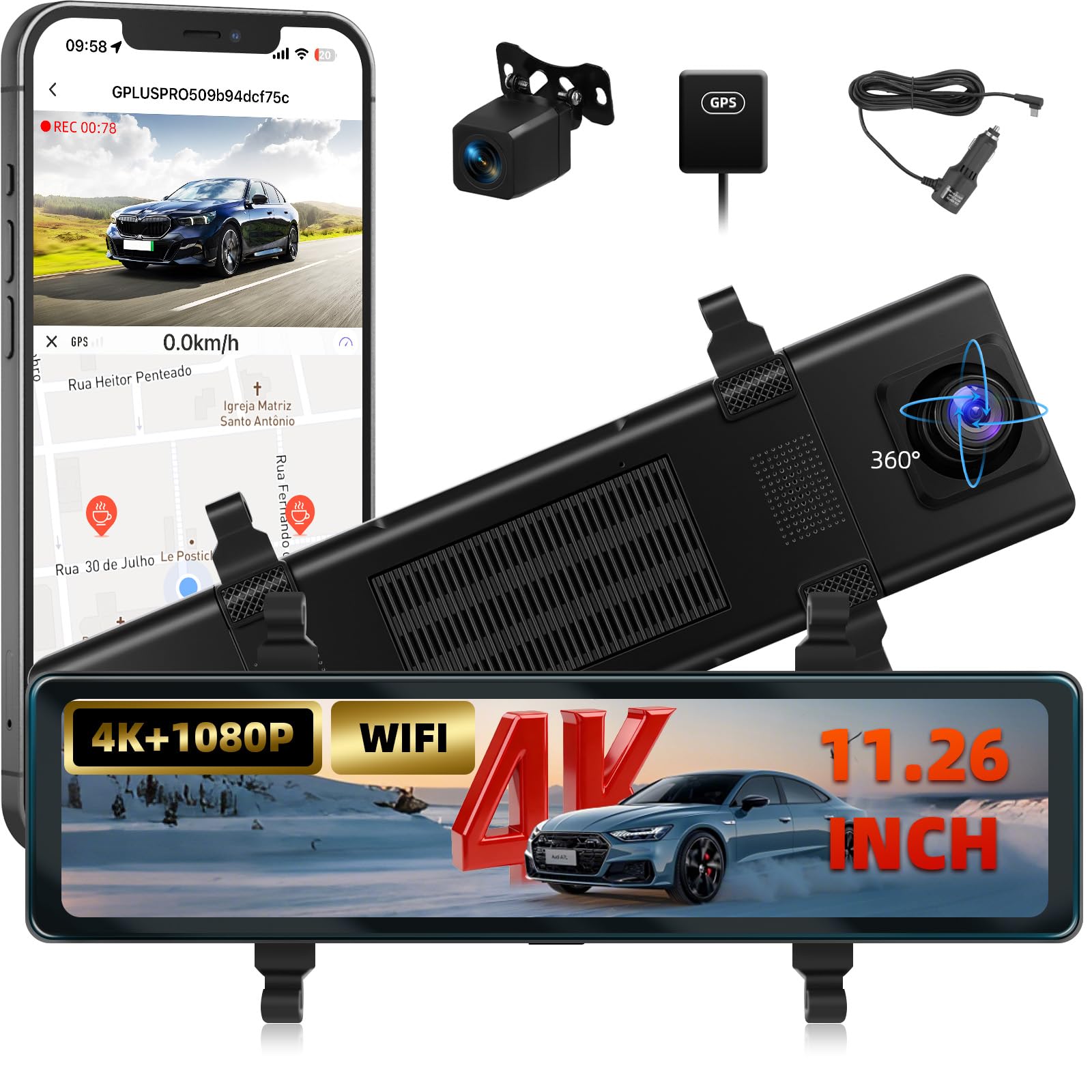 4K Dashcam Avant et arrière, 11,26 Pouces Caméra Embarquée Tactile 4K+1080P avec GPS, ADAS, APP, Vision Nocturne, Capteur G, Enregistrement en Boucle, Surveillance du stationnement 24 Heures
