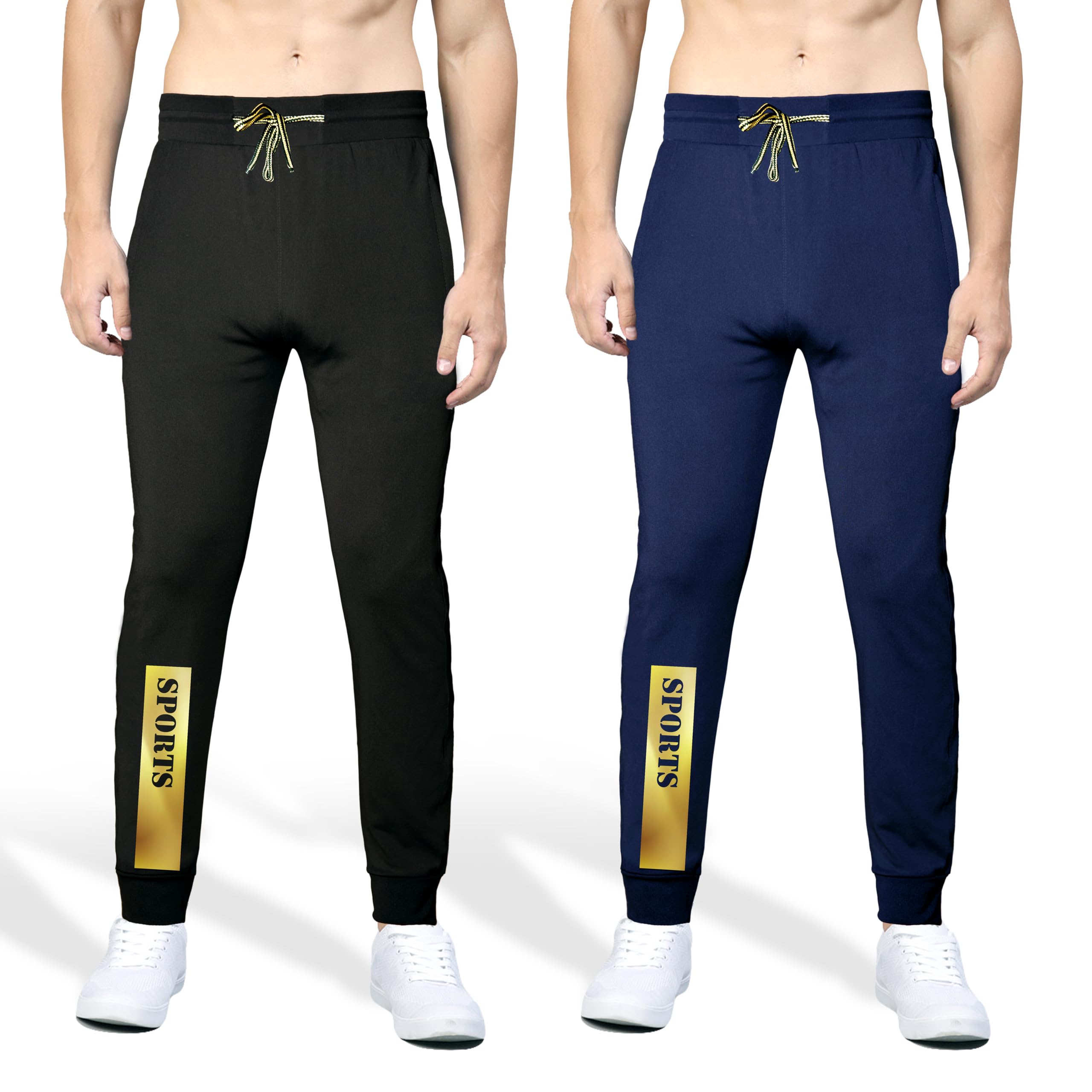 MOUNTJIO Men's Wear Pack of 2 Combo Set Track Pant Fabric Lycra Blend Sport wear||Gym Wear||Running Wear||Color Black & Dark Blue_MJ-Side Chain RIB-121