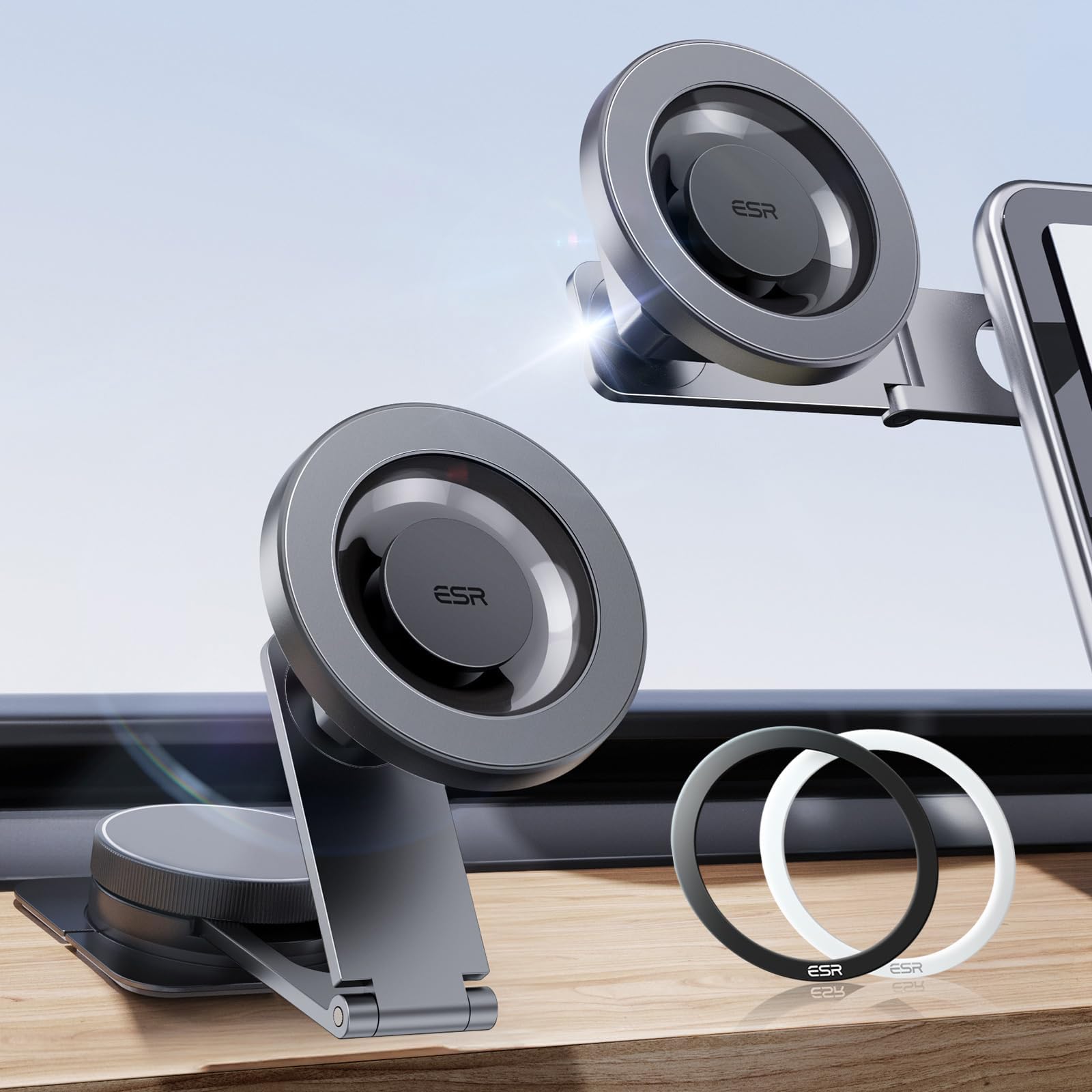 ESR for MagSafe Car Mount, Car Phone Holder,Dashboard/Tesla Touchscreen Car Mount, Magnetic Phone Holder for Car, for iPhone 17/16/S25/Google Pixel 10, Charging Not Supported(2 Metal Rings Included)