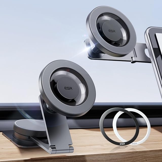 ESR for MagSafe Car Mount, Foldable Dashboard/Tesla Touchscreen Magnetic Car Phone Holder, Cell Phone Holder Mount with 2 Metal Rings for iPhone Air/17e/17/16/15/14, Samsung S26/S25 Series, Pixel 10