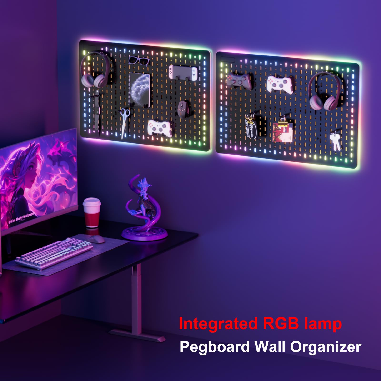 TINLOK Smart RGB Light Pegboard Organizer,Pegboard Wall for Gaming Setup Decor, Black 2 PCS, 22 x 14.8 inches,Ideal Peg Board for Gaming Room, Office Wall Organization (Black 2PCS)