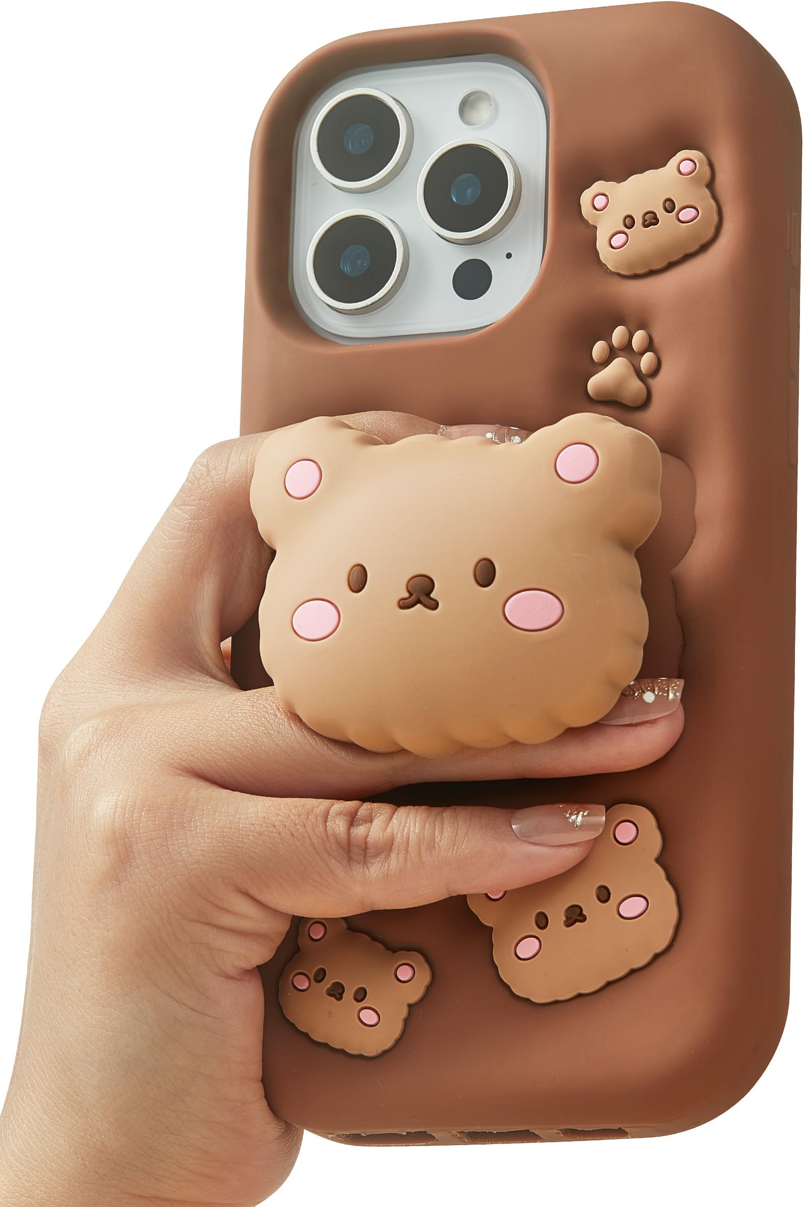 TUFTA Kawaii 3D Teddy Bear Phone Case for iPhone 15 Pro Max (with Retractable Phone Stand & Grip) Cute Girly Cartoon Soft Silicone Phone Cover for