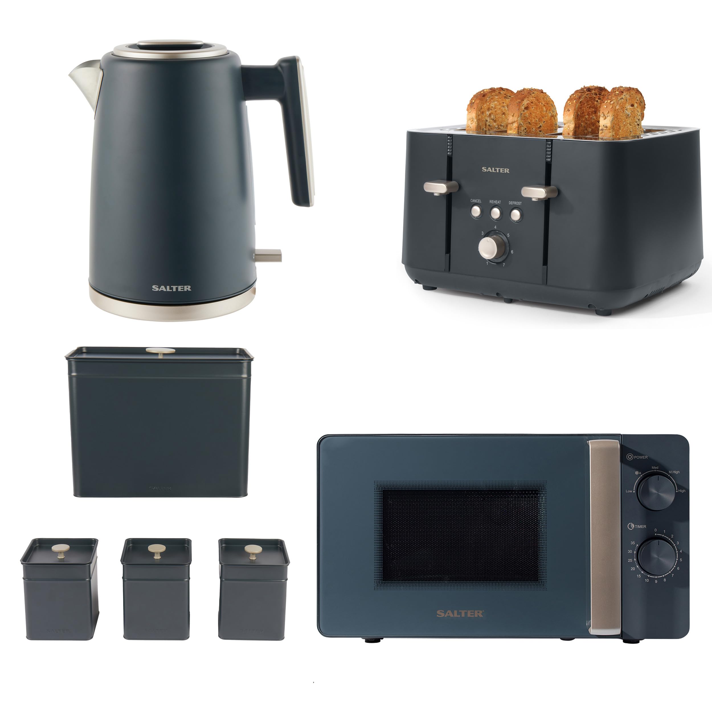 Salter COMBO-8851A Marino 6 Piece Breakfast & Cooking Countertop Set - 1.7L Fast Boil Kettle, 4 Slice Toaster, 20L Manual Microwave, Carbon Steel Bread Bin & 3 Storage Canisters For Tea/Coffee/Sugar โ image 1