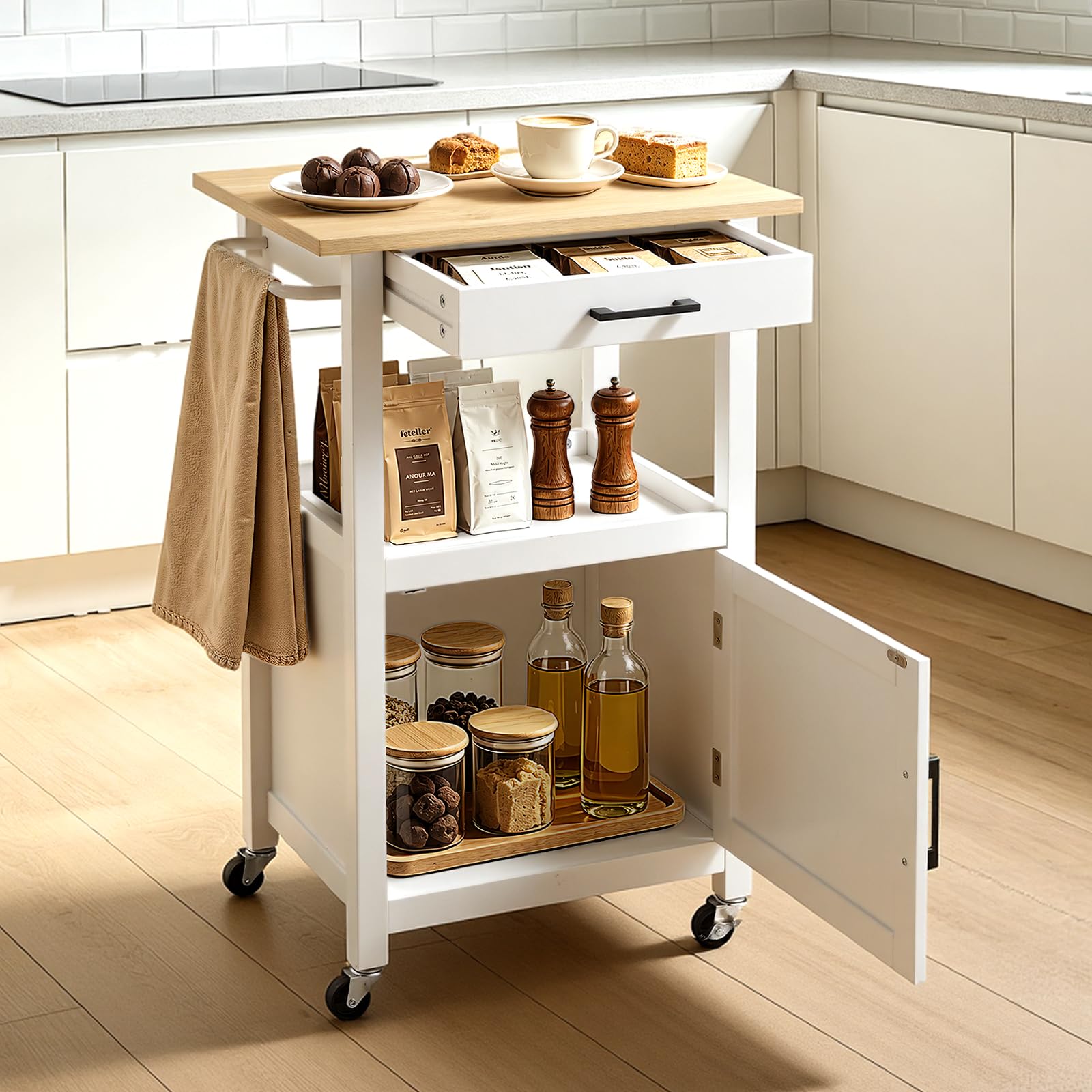 VEVOR Carrello da Cucina Anta Singola Cassetto per Sala da Pranzo Bianco | Mobiletto Portaoggetti, Portasciugamani, Ganci, Tavolo Portautensili con 4 Ruote, Piccola Stazione da Caffè, Salotto, Ufficio