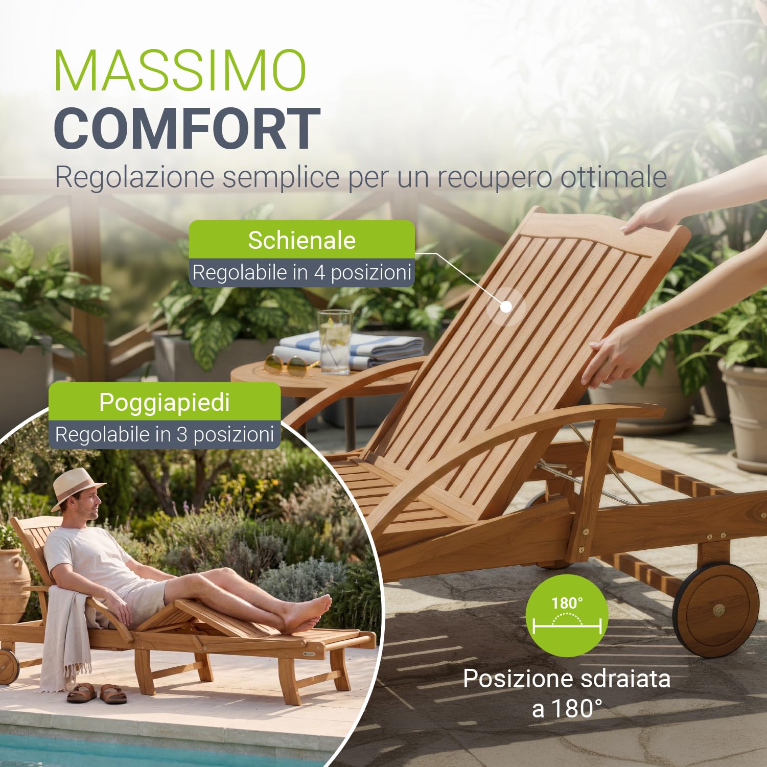 Juskys Lettino prendisole SunScape in legno di acacia naturale con tavolino regolabile poggiagambe schienale reclinabile 196 x 72,5 x 30 cm