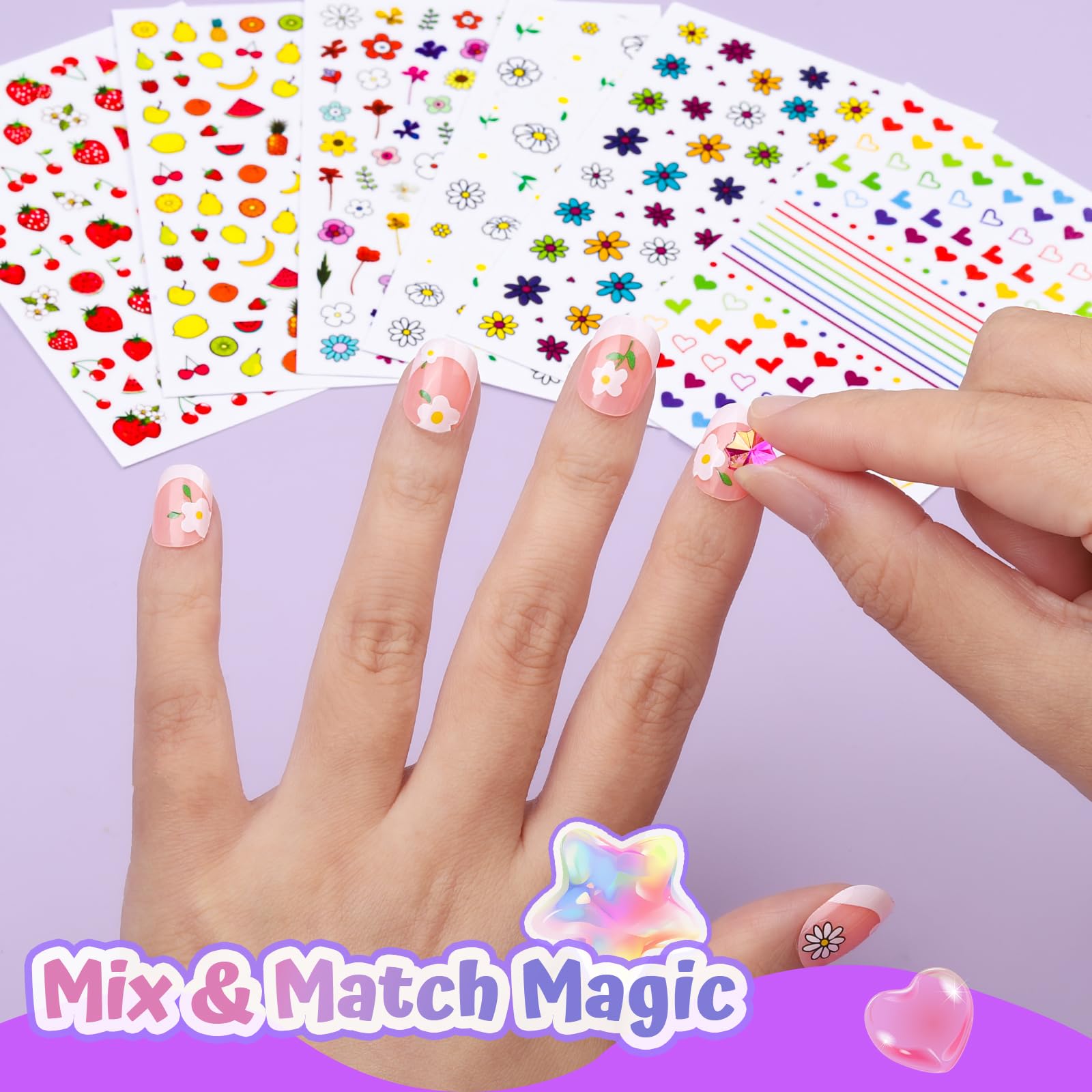 Uñas a presión para niñas, 12 estilos de uñas a presión para niños, 6 hojas de calcomanías de uñas con forma de corazón y frutas para niños, calcomanías de diamantes de imitación 3D, gemas de 6