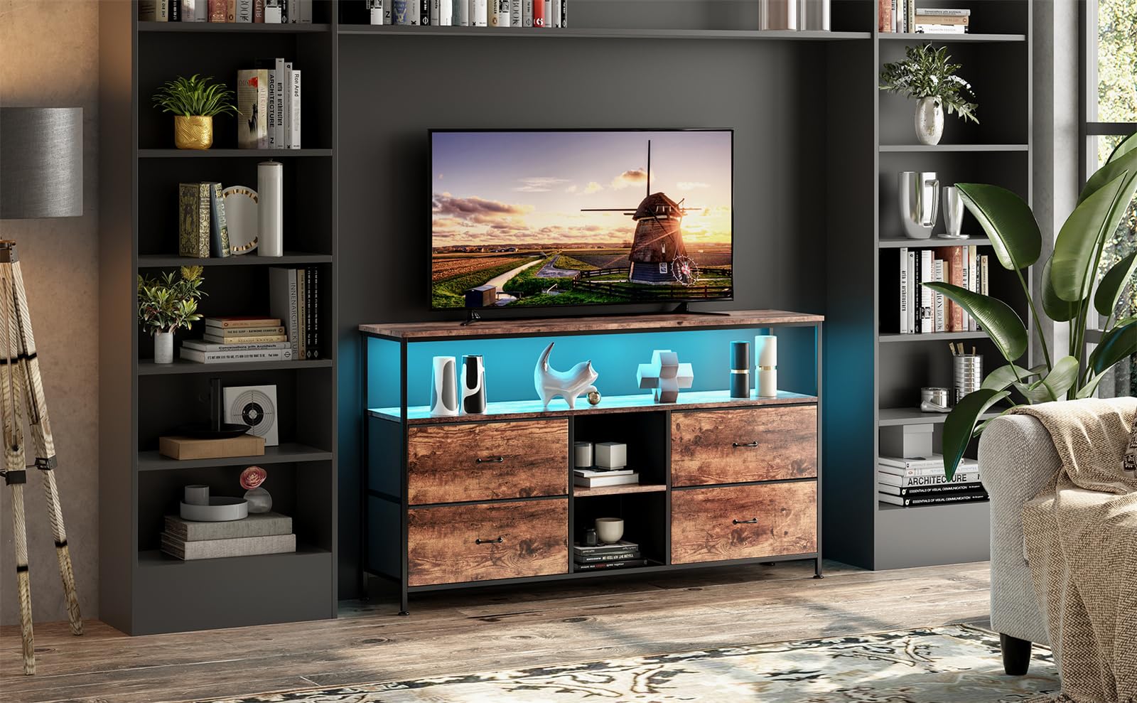 BestAlice Meuble TV Vintage avec éclairage LED, casier avec 4 tiroirs et 3 étagères, Cadre en Fer et Meuble TV à Panneaux de Particules, Pieds réglables en Hauteur(108cm-B)