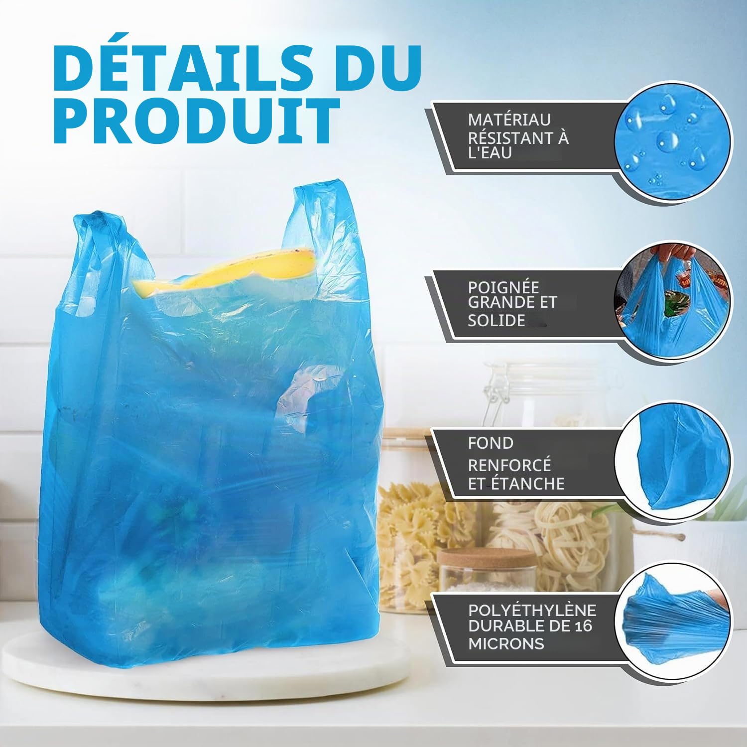 FERRIS | Lot de 200 grands sacs solides avec poignées | Sacs en plastique robuste multi-usages 28 x 43 x 53 cm | Shopping, étals de marché, plats à emporter