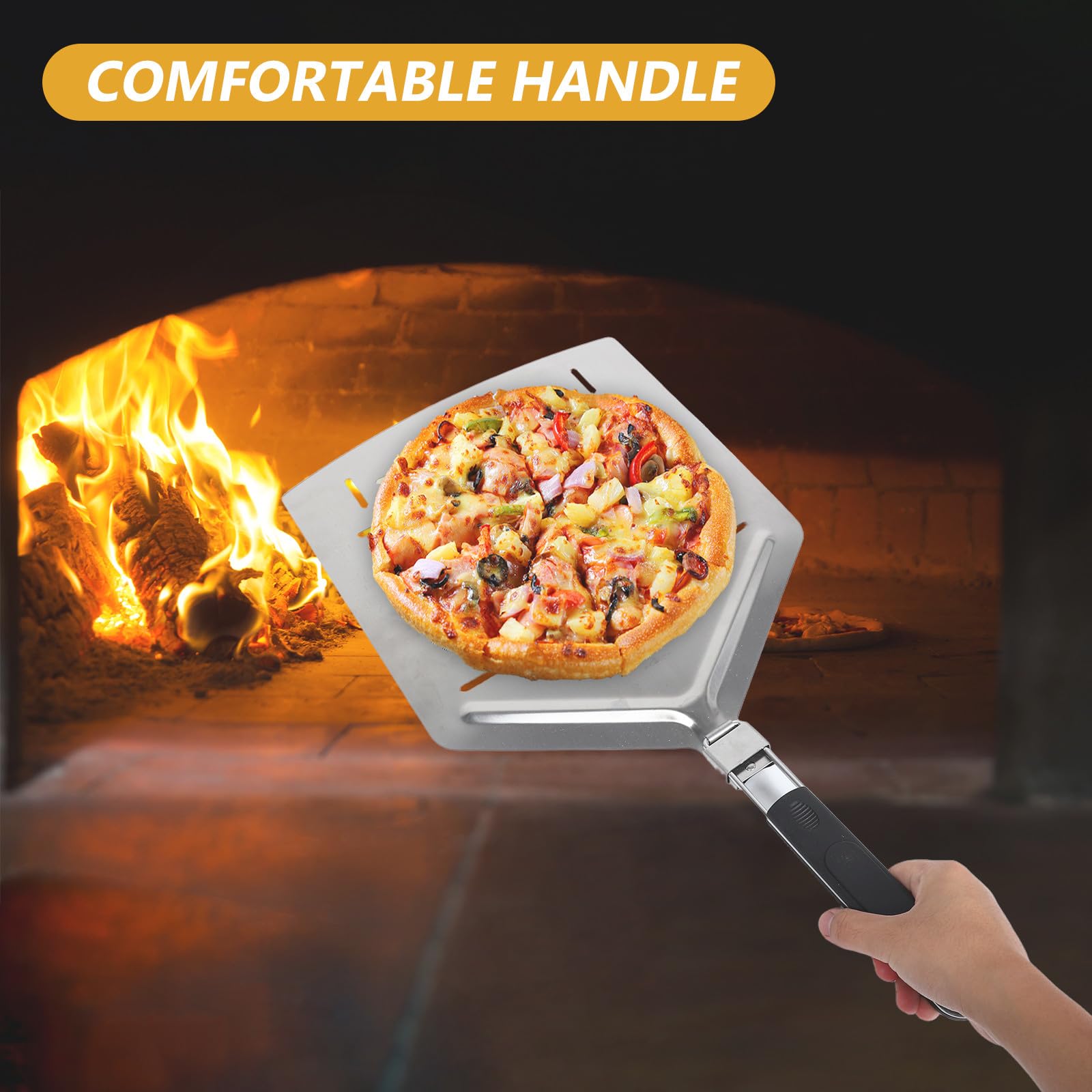 Gatuida Faltbarer Pizzaschieber Edelstahl mit Lochmuster 33cm Rechteckig Backschaufel für Pizza und Brot Outdoor Küche mit Klappbarem Griff