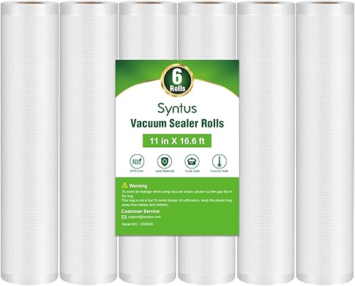 Syntus Bolsas selladoras al vacío para alimentos, 6 rollos de bolsas de grado comercial de 11 pulgadas x 16 pies, bolsas para aspiradora de