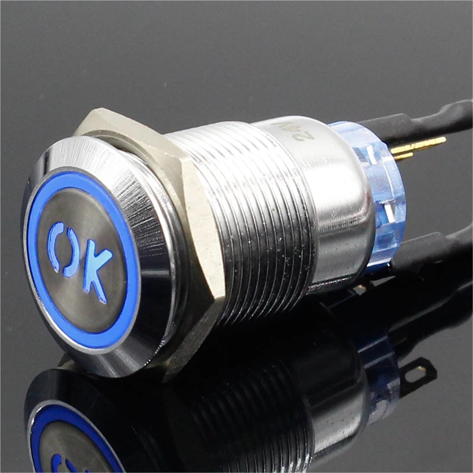 Interruttore a pulsante in ottone tipo L in metallo da 19 mm, illuminazione rotonda piatta, momentaneo, 1NO 1NC, 1 pezzo(Blue (arrow),Momentary,220V)