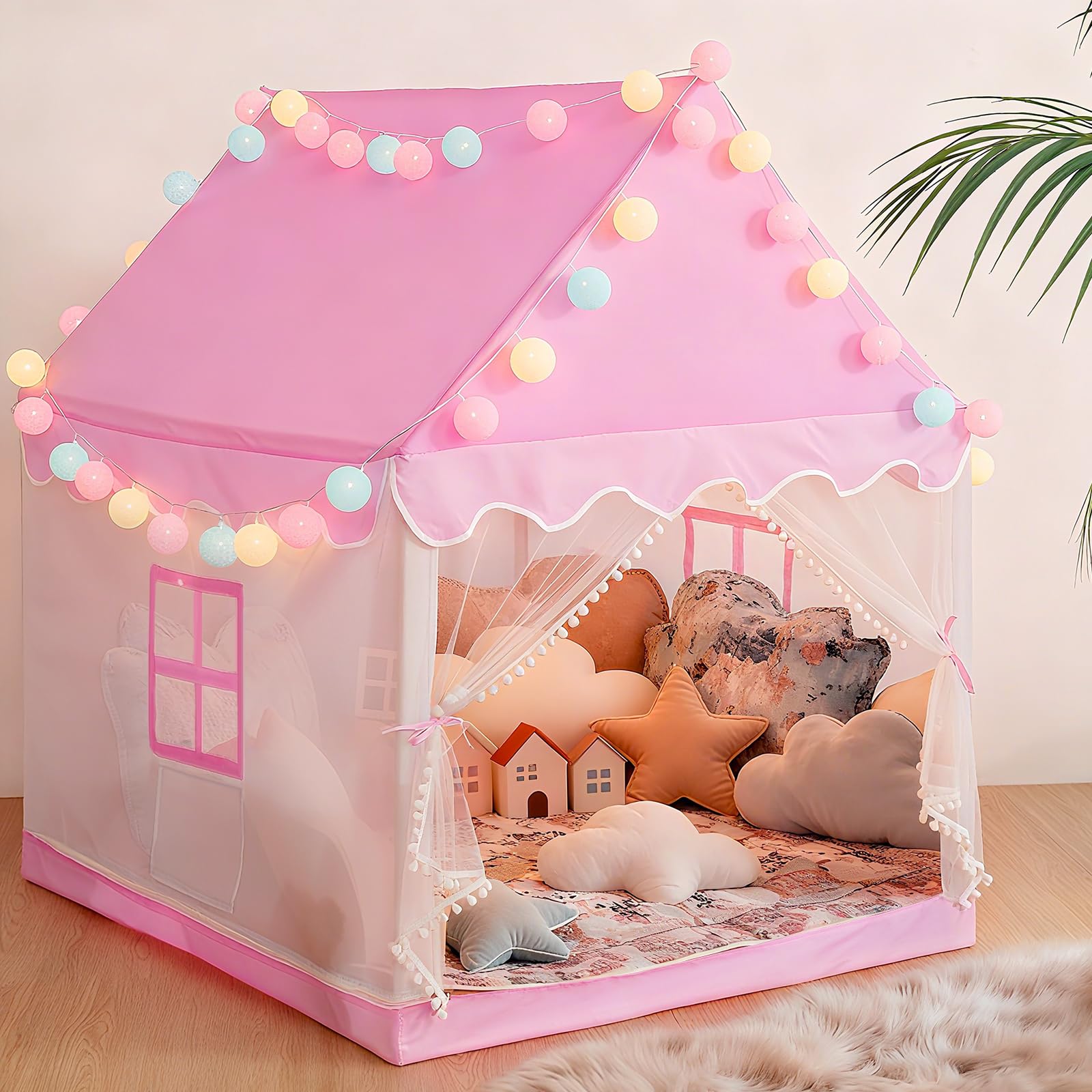 BSHAPPLUS Kids Play Tent for Toddlers – Pink Oxford Cloth Girls' Tent with Thickened Support Poles, Breathable Window, and Interior Pockets – Indoor & Outdoor, 120cm (L) × 100cm (W) × 128cm (H)