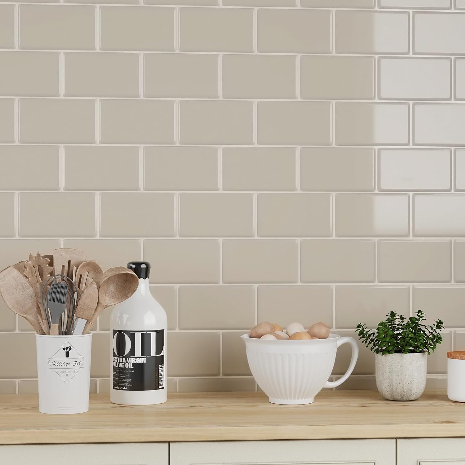 VEELIKE 12 Sheets Pastel Beige Subway Peel and Stick Backsplash Tile Waterproof Back Splash Stick on Tiles for Kitchen 12''x12'' Self Adhesive Removable Peel and Stick Wall Tiles for Bathroom Shower