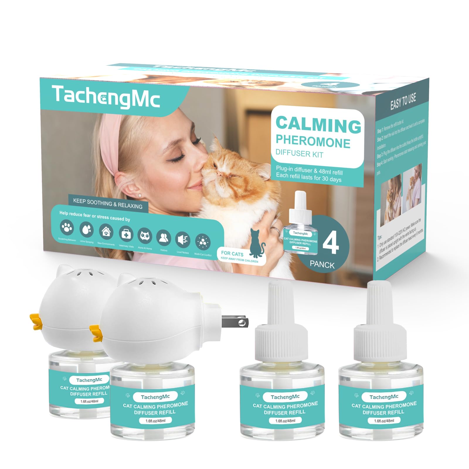 Cat Calming Diffuser, Cat Pheromones Calming Diffuser with 2 Diffuser + 4 Refill 48ml, 6-in-1 Cat Anxiety Relief Cat Pheromone Diffuser Kit 120 Days, Pheromone Diffuser to Calm Cats