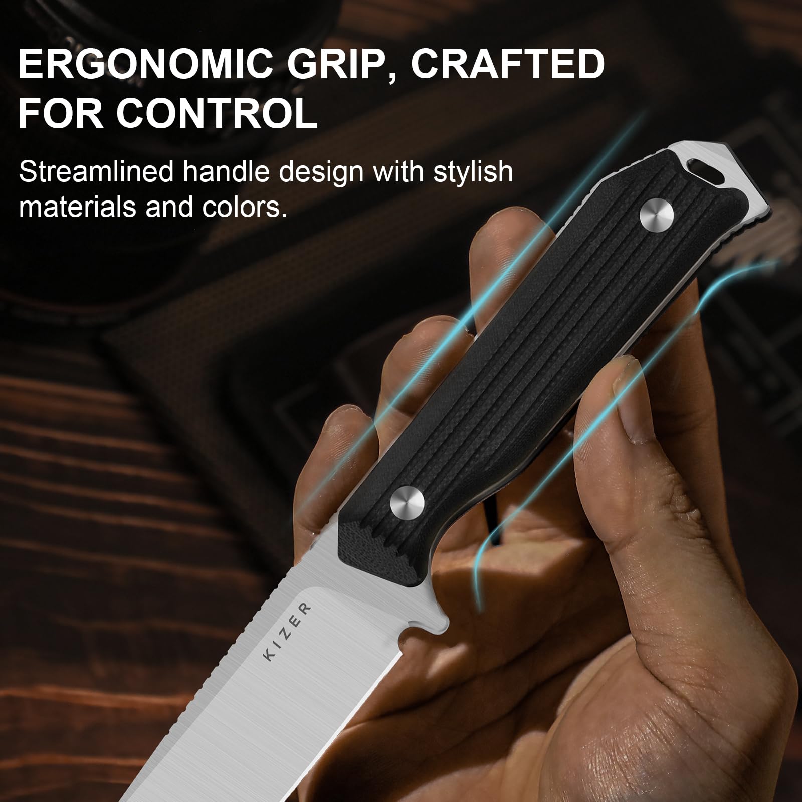 Kizer Begleiter Fix Cuchillo de Hoja Fija, Hoja AEB-L de 3,78" con Punta Descendente, Funda Kydex, Mango G10 Negro, Cuchillo EDC para Camping, Caza y Supervivencia 1045MD2