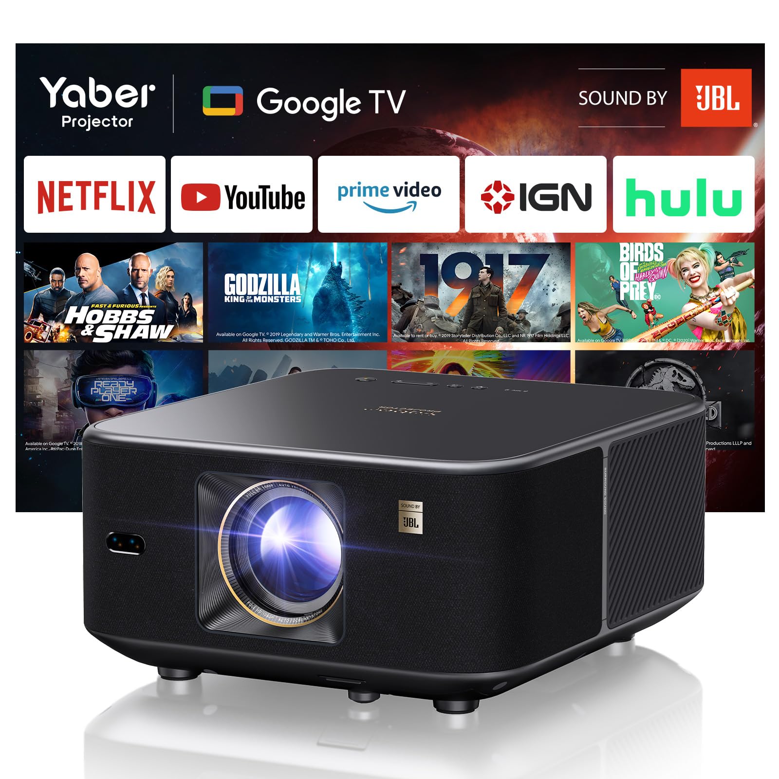 Proiettore 【Google TV/Altoparlante JBL/Auto Focus/Keystone】, Yaber K3 Proiettore WiFi6 Bluetooth 5.2, Videoproiettore 1080P Nativo Full HD con Netflix 7000+ Apps