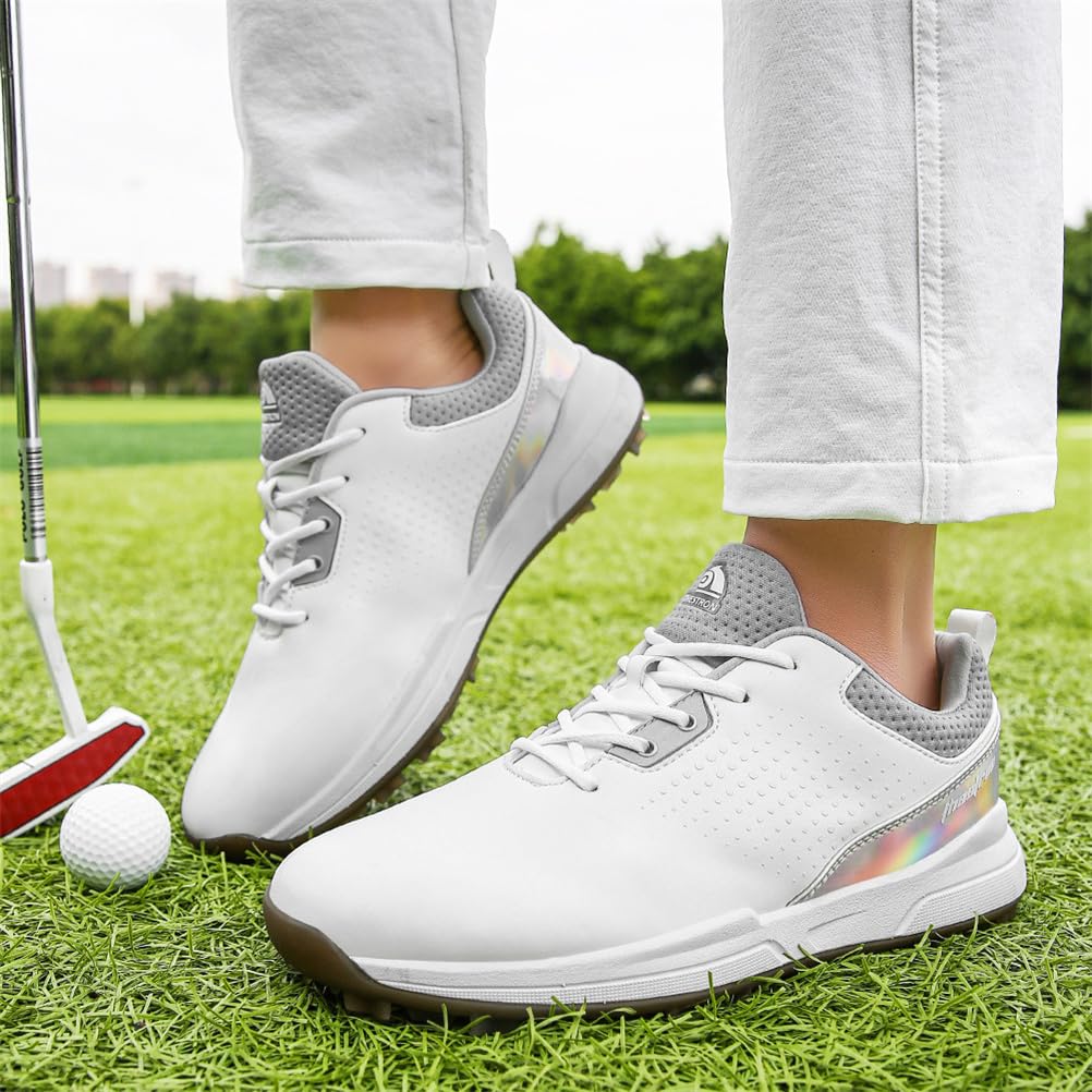 Męskie buty do golfa Spikless Leather Wide Fitting Golf Sneakers Outdoor Large Size Wodoodporne obuwie do chodzenia,White,41 EU