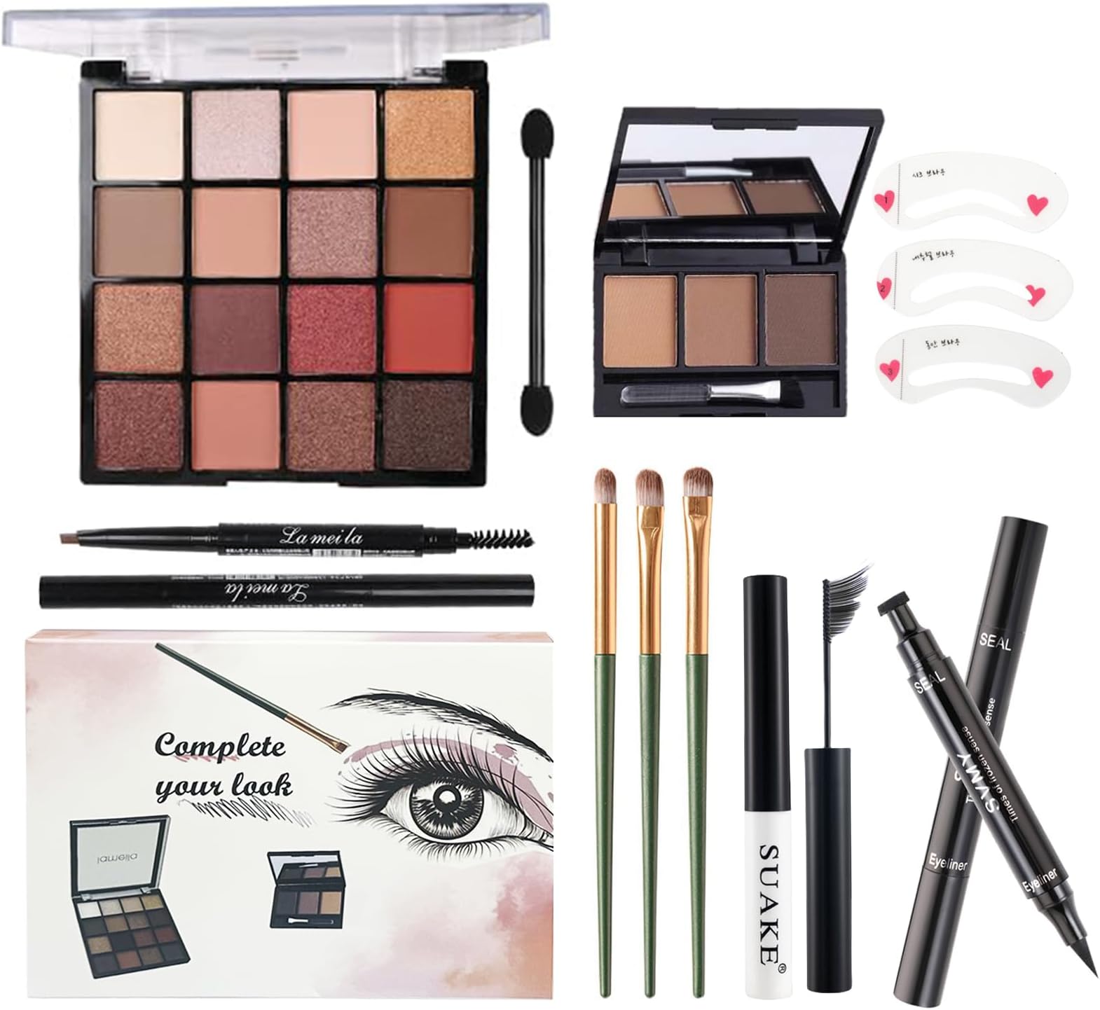 All in One Makeup Kit For Girls - 16 Colors Naked Eyeshadow Palette, 3Pcs Makeup Brushes, Waterproof Eyeliner Pencil, Eyebrow Powder,Eyebrow Pencil,Mascara, Women and Beginners Teens Makeup Gift Set