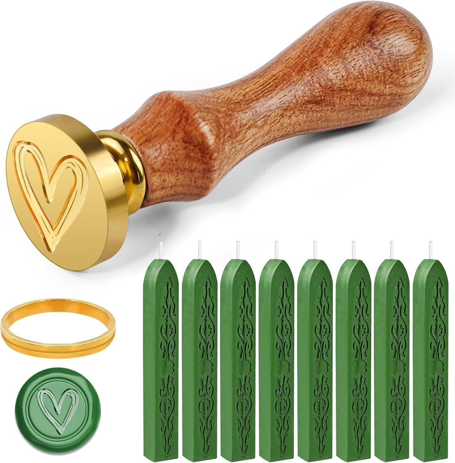 Furuising 8Pcs Wax Seal Stamp Kit, Green Sealing Wax Sticks with Wicks Kit with Heart Stamp